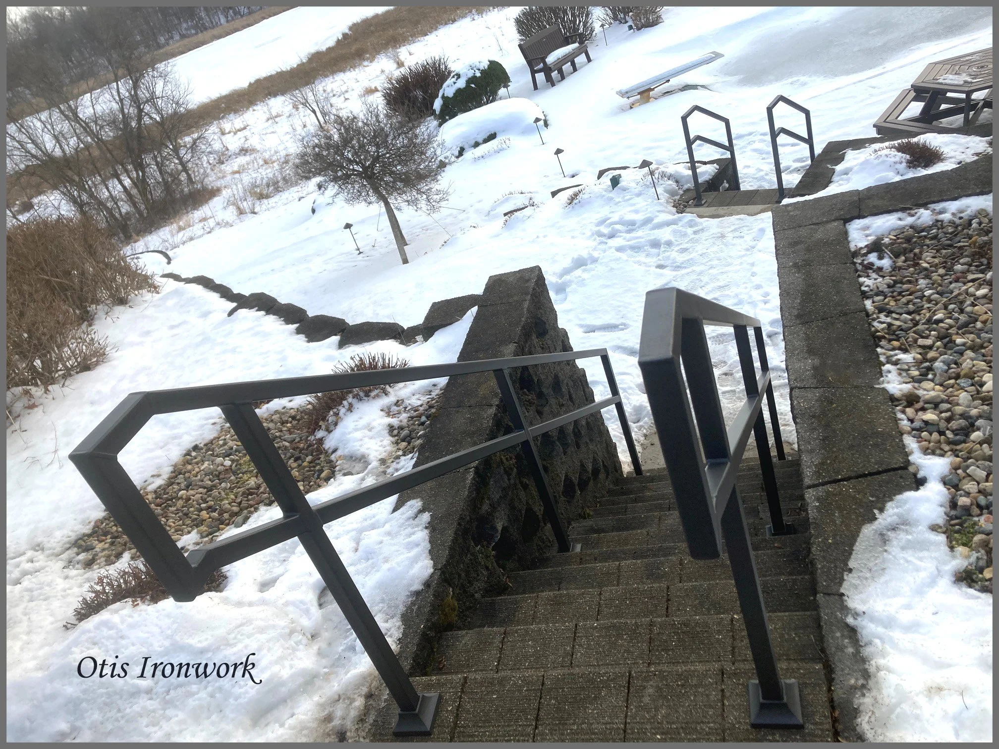 Custom railings handcrafted by Otis Ironwork. Welded from quality materials including a durable powder coat paint finish and professional installation. Call Otis Ironwork at 507-995-3745 to get your railing project started.