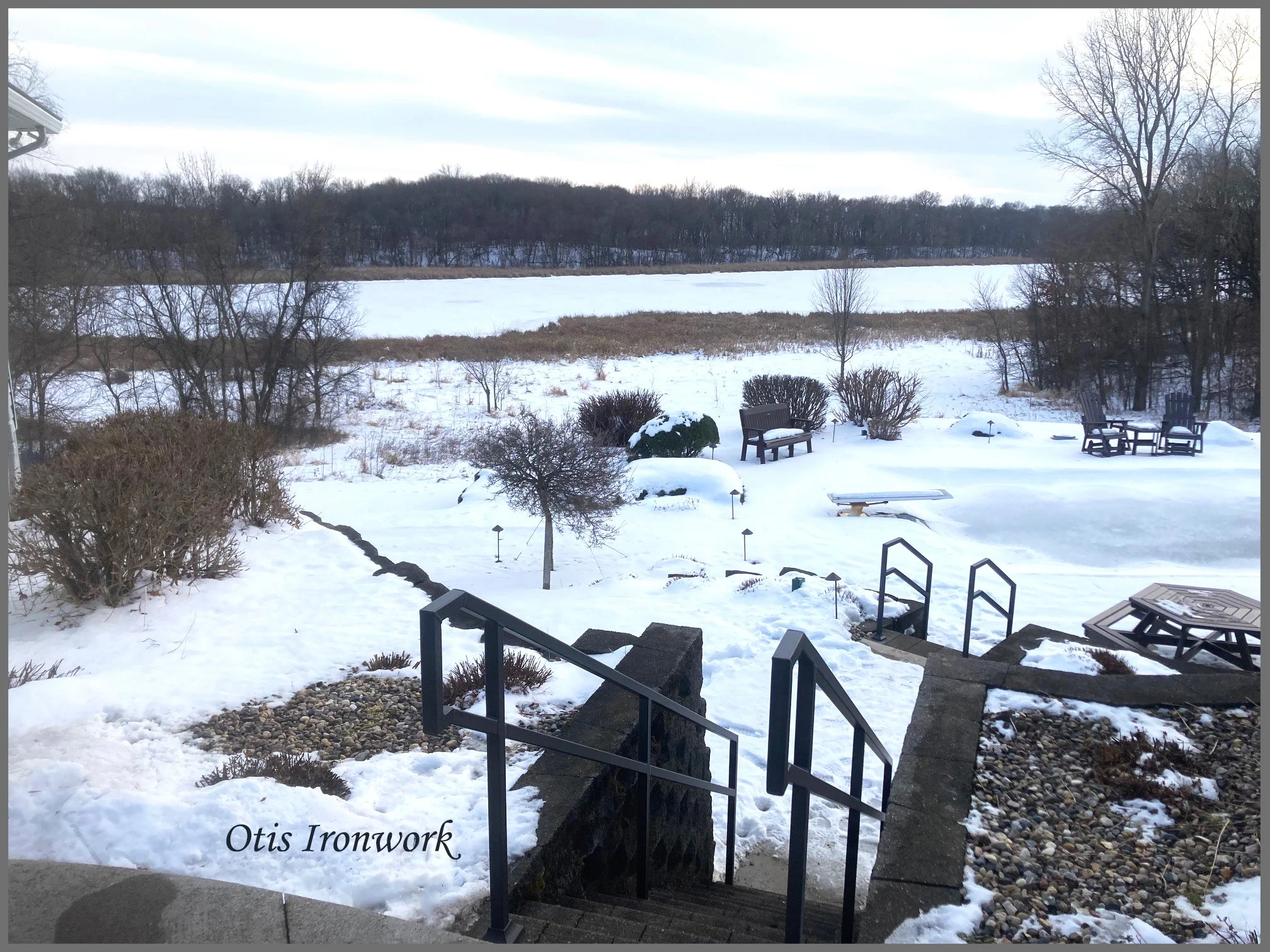 Custom railings handcrafted by Otis Ironwork. Welded from quality materials including a durable powder coat paint finish and professional installation. Call Otis Ironwork at 507-995-3745 to get your railing project started.