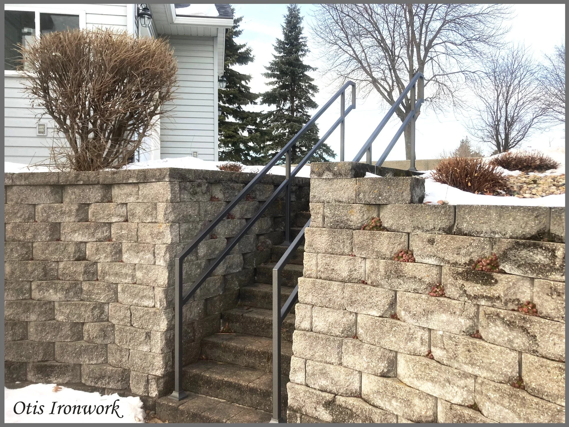 Custom railings handcrafted by Otis Ironwork. Welded from quality materials including a durable powder coat paint finish and professional installation. Call Otis Ironwork at 507-995-3745 to get your railing project started.