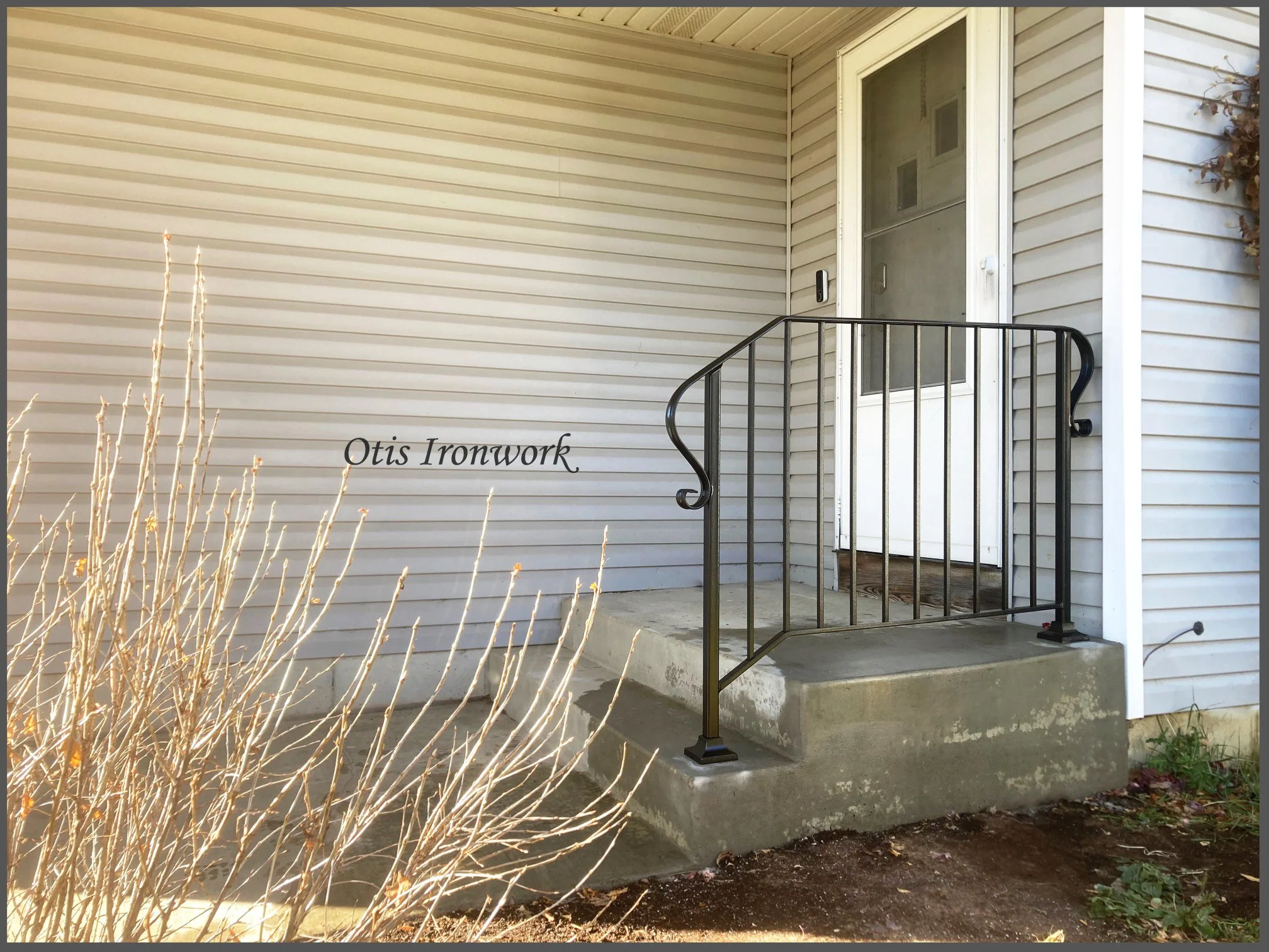 Custom railings handcrafted by Otis Ironwork. Welded from quality materials including a durable powder coat paint finish and professional installation. Call Otis Ironwork at 507-995-3745 to get your railing project started.