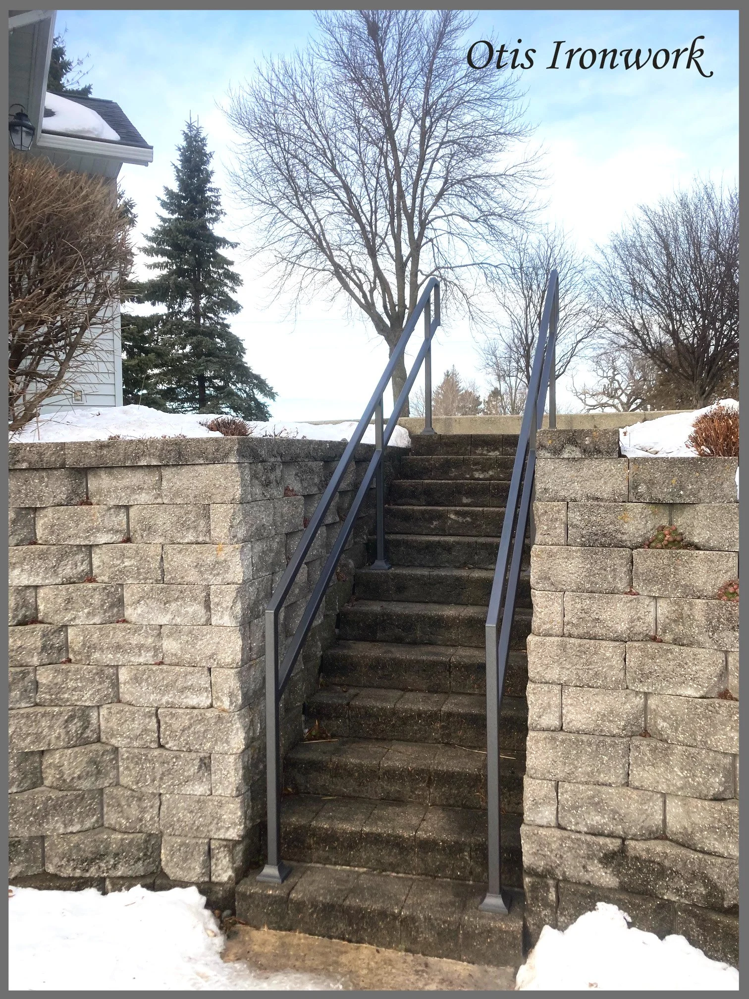 Custom railings handcrafted by Otis Ironwork. Welded from quality materials including a durable powder coat paint finish and professional installation. Call Otis Ironwork at 507-995-3745 to get your railing project started.