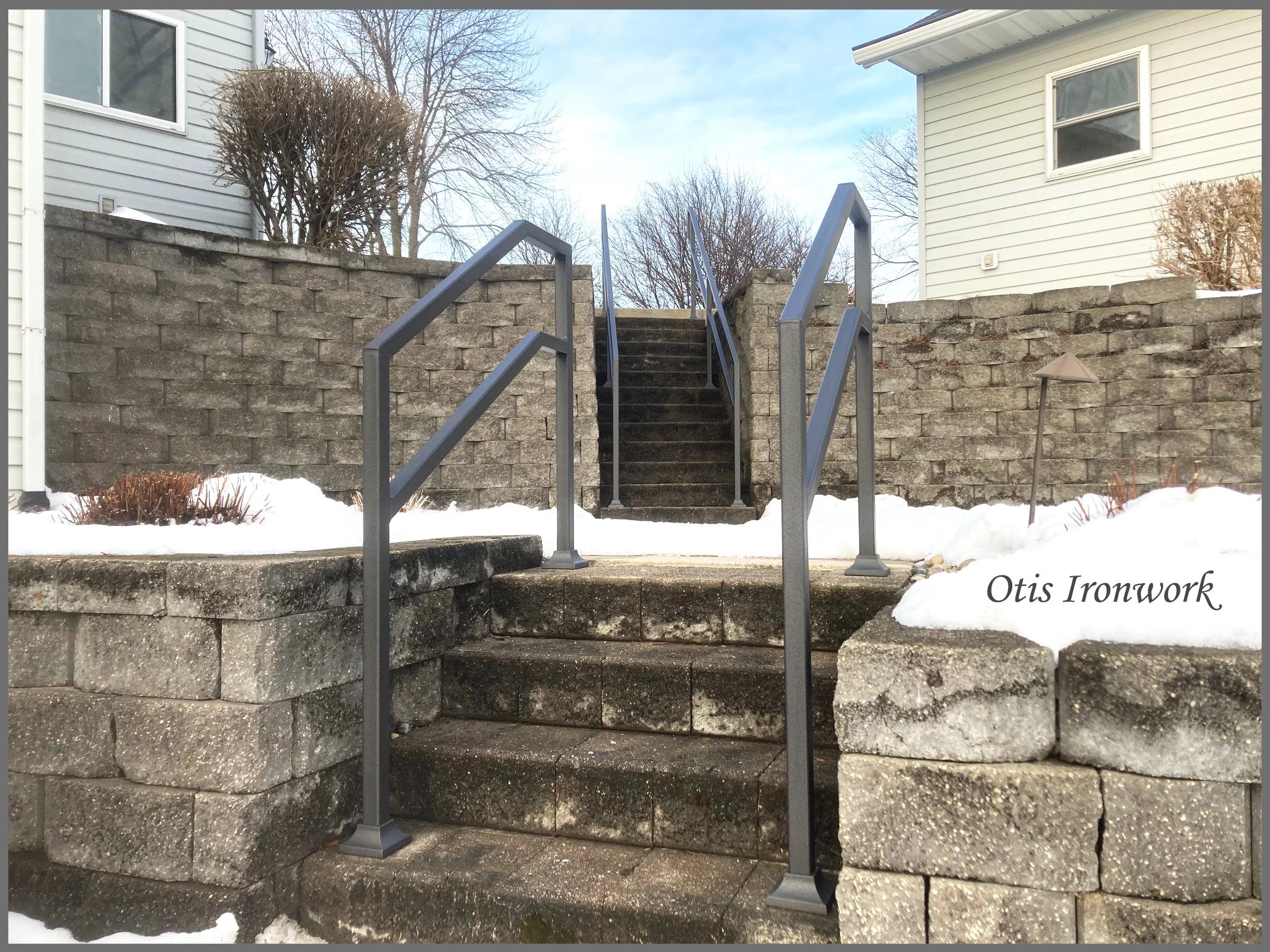 Custom railings handcrafted by Otis Ironwork. Welded from quality materials including a durable powder coat paint finish and professional installation. Call Otis Ironwork at 507-995-3745 to get your railing project started.