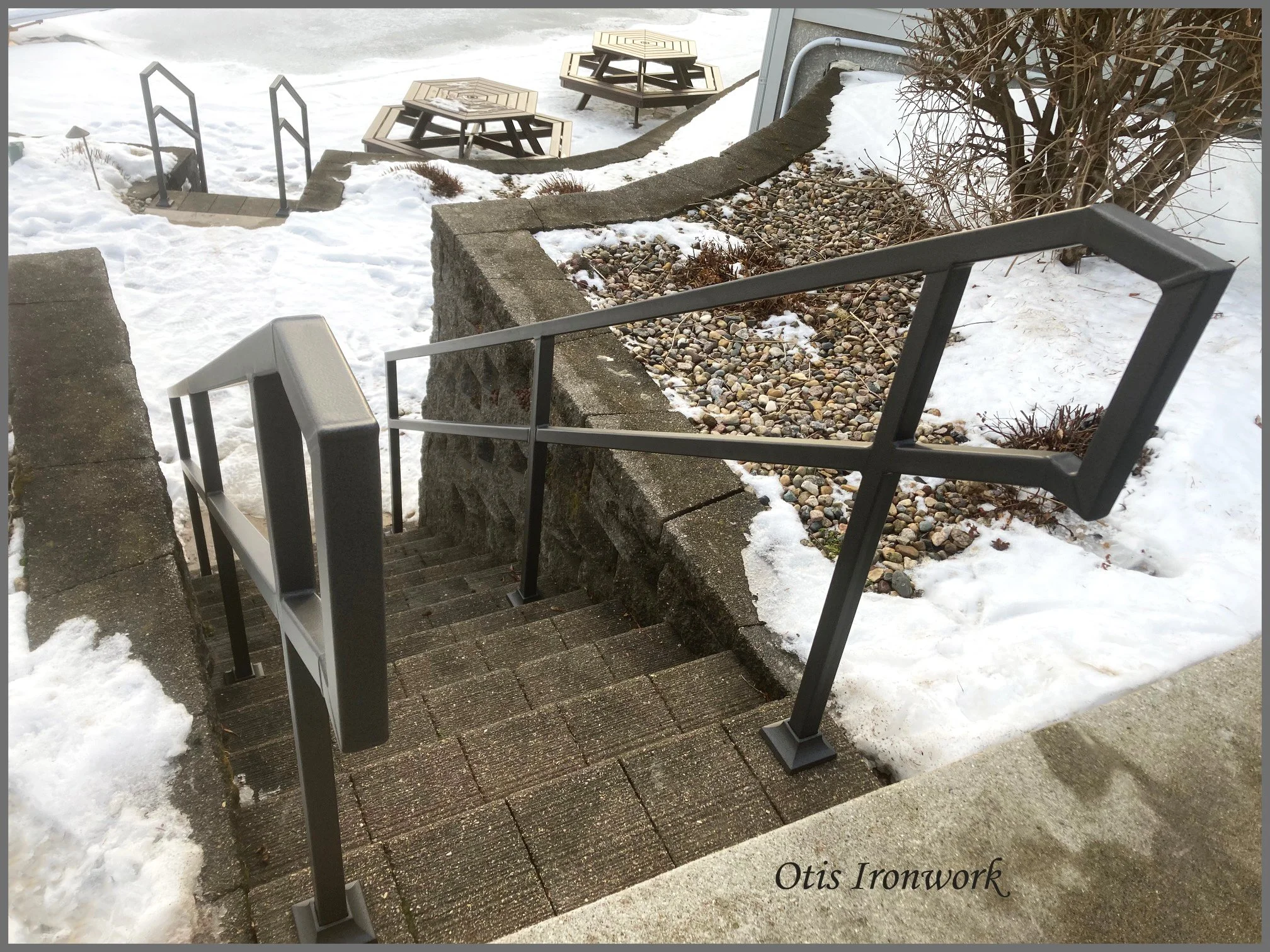 Custom railings handcrafted by Otis Ironwork. Welded from quality materials including a durable powder coat paint finish and professional installation. Call Otis Ironwork at 507-995-3745 to get your railing project started.