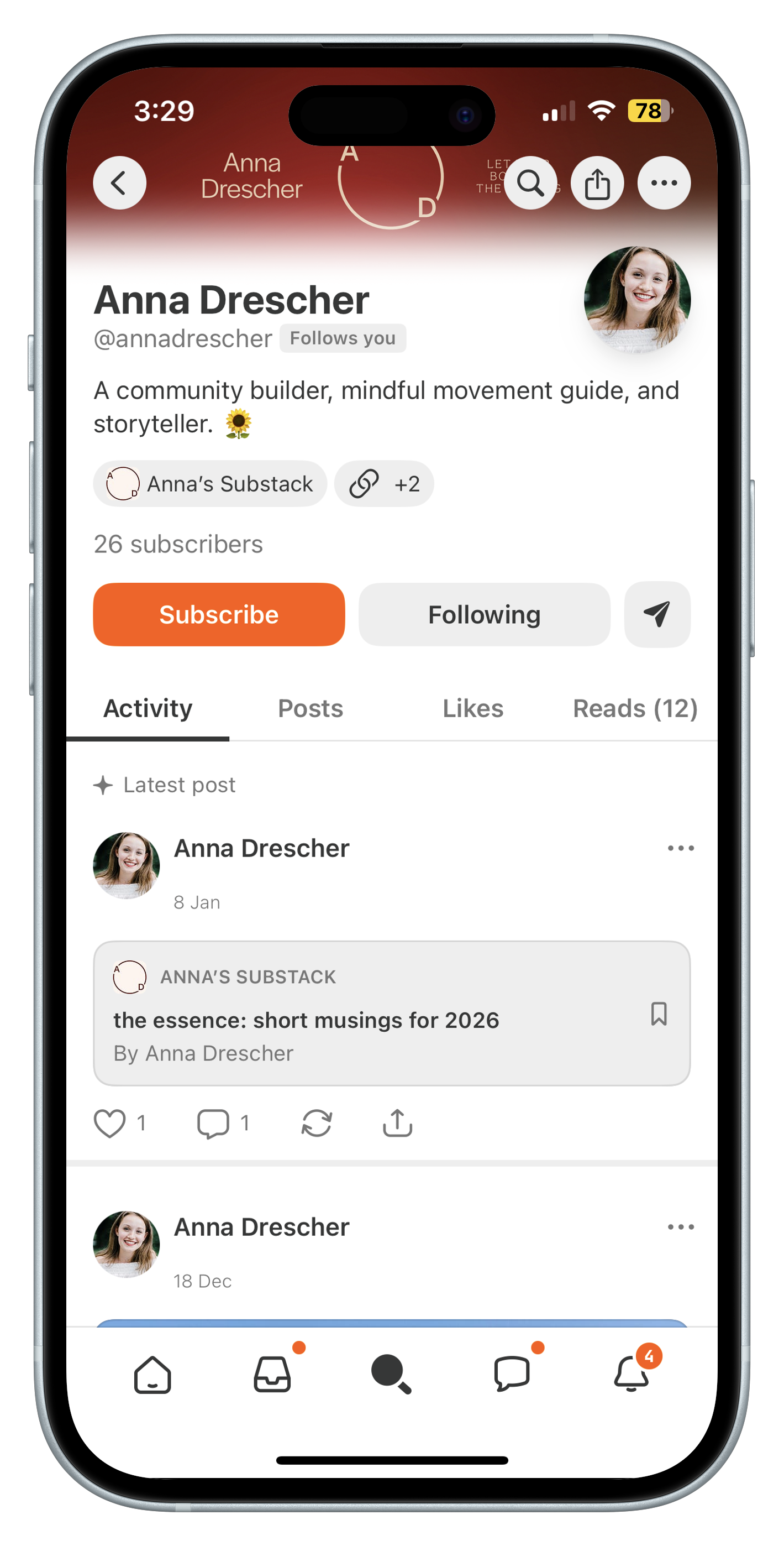 Mobile phone screen displaying a social media profile of Anna Drescher, a community builder and storyteller, with her profile picture, username, follower status, subscribe button, activity feed, and navigation icons.