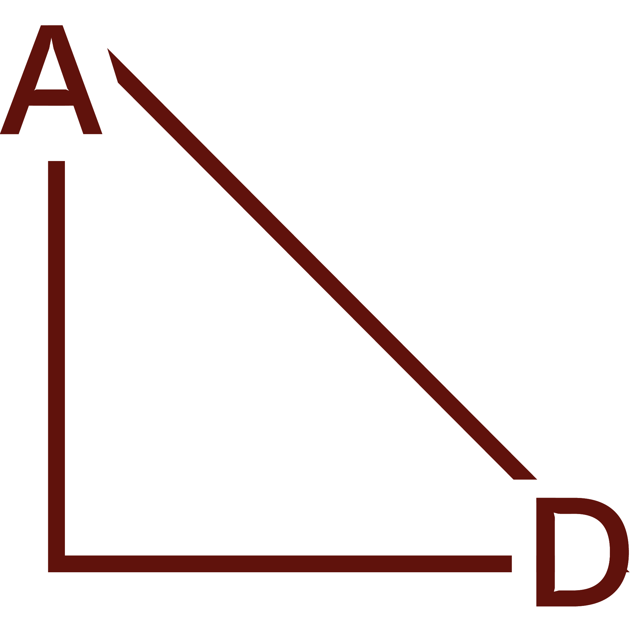 Diagram of a right triangle with sides labeled A, B, and D, and an angle marked at the corner of sides A and B.