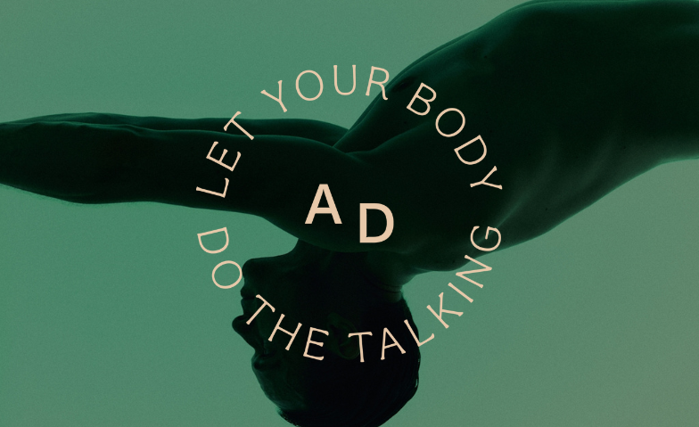 Silhouette of a person in a yoga pose with the text 'Let your body do the talking' surrounding the figure.