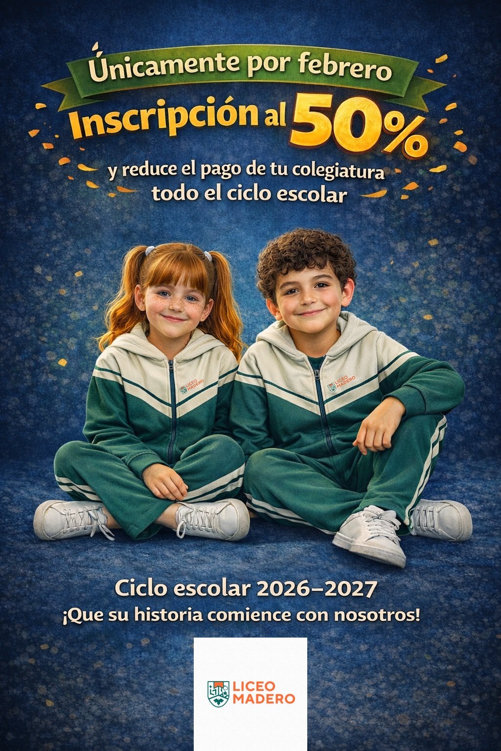 Dos niños con uniforme escolar sentado sobre un fondo azul con confeti, promocionando matrícula con un 50% de descuento para el ciclo escolar 2026-2027 en el Liceo Madero, en febrero.
