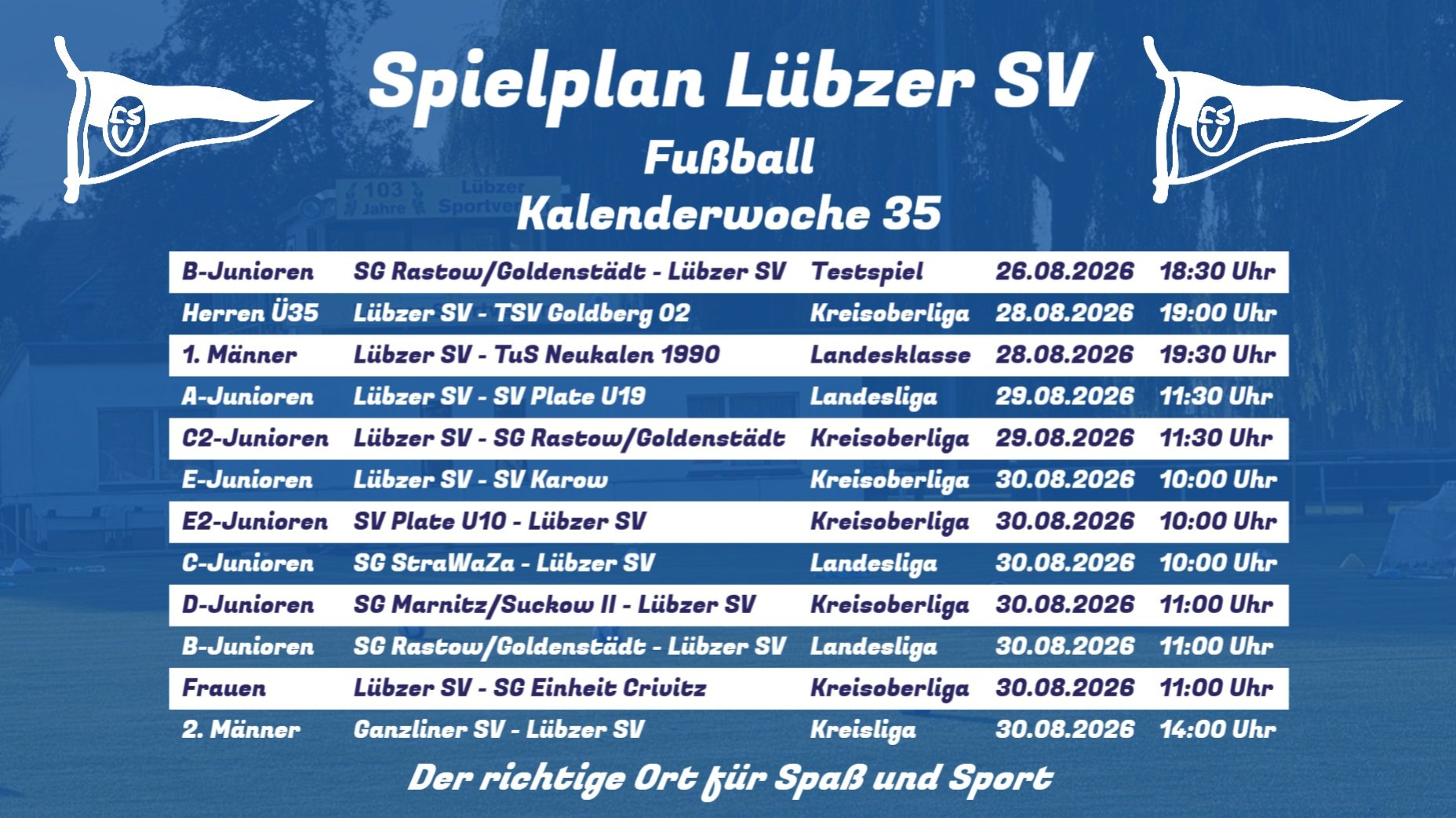 ⚽️ Spielank&uuml;ndigung KW 35 💙💛

Bereits heute starten die B-Junioren mit dem ersten Spiel der Woche.

Von der Jugend bis zu den 1. M&auml;nnern &ndash; unsere Teams sind bereits bei Punktspielen im Einsatz. 💪

Kommt vorbei und unterst&uuml;tzt 