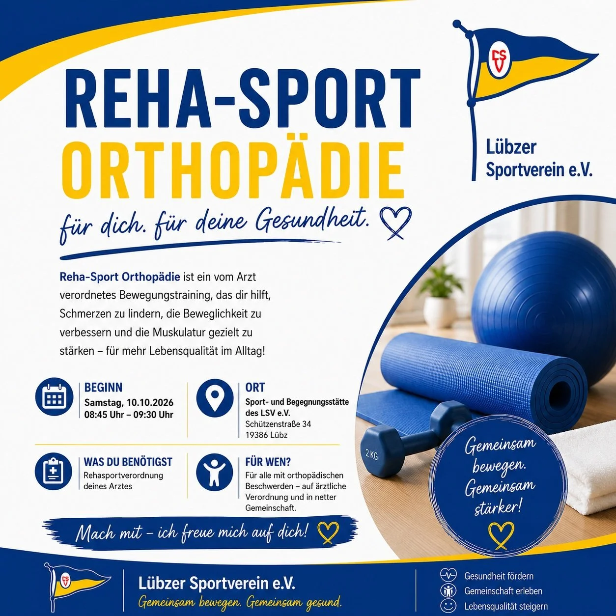 💙💛 Reha-Sport Orthop&auml;die 💙💛

Vor einigen Wochen haben wir Euch bereits unseren neuen Kurs in Rom vorgestellt. Nun k&ouml;nnen wir Euch auch eine weitere Zeit in L&uuml;bz anbieten. 💪

📅 Start: 10.10.2026
⏰ Samstag, 08:45&ndash;09:30 Uhr
📍