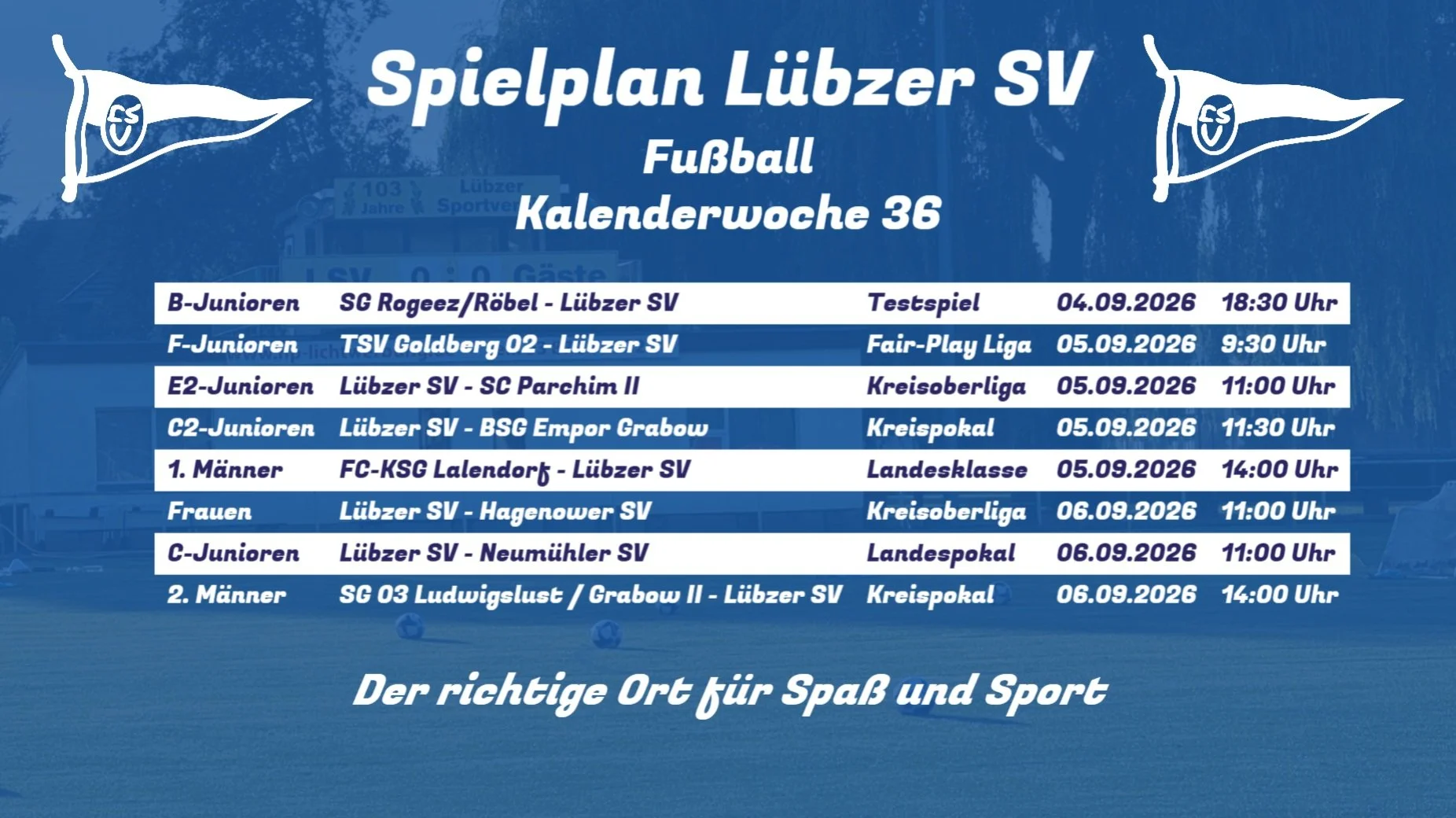 ⚽️ Spielank&uuml;ndigung KW 36 💙💛

mit kleiner Korrektur 😊

Kommt vorbei und unterst&uuml;tzt unsere Mannschaften lautstark! 🙌