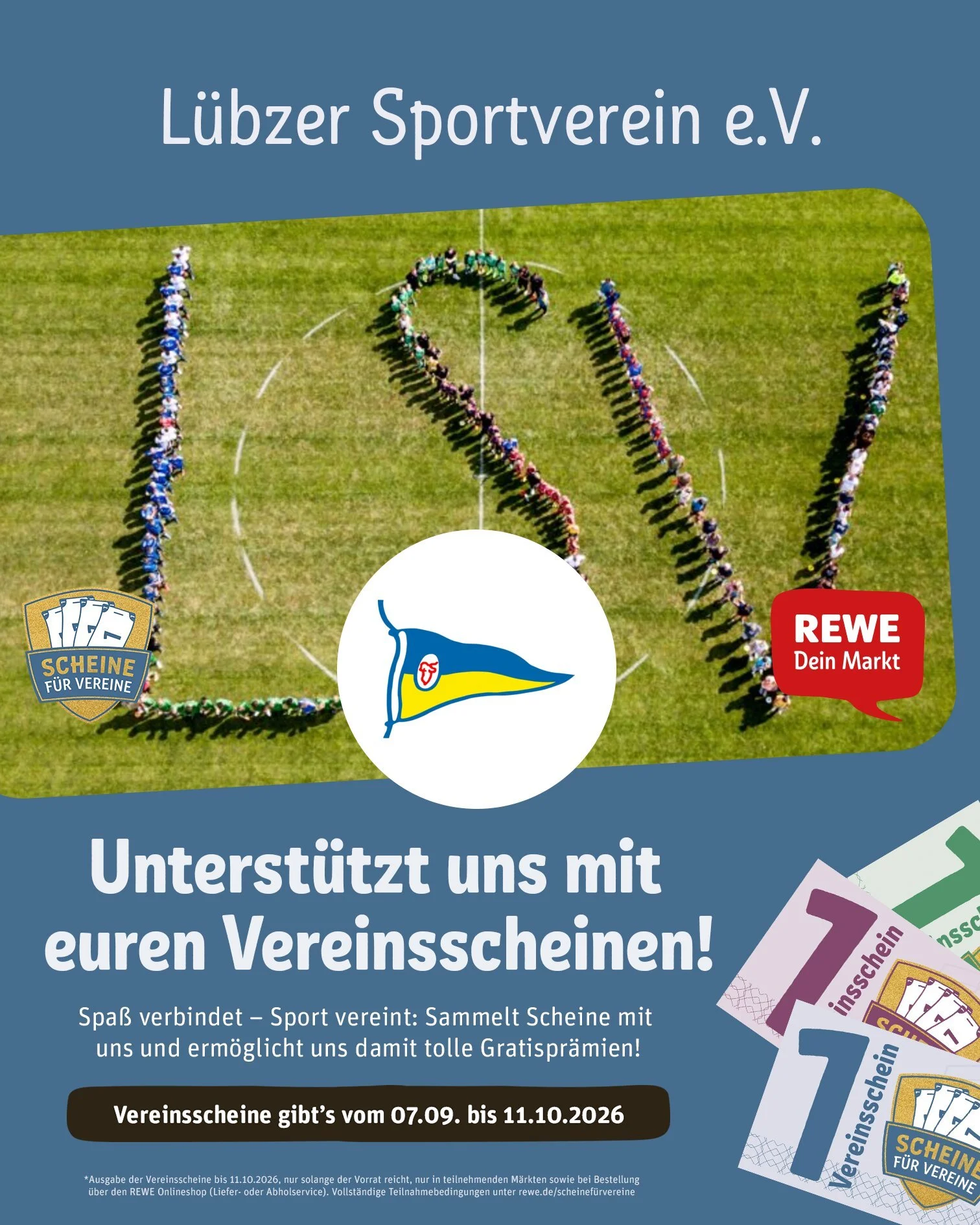 🥳SCHEINE F&Uuml;R VEREINE🥳

Ihr Lieben, es ist wieder soweit! @rewe startet mit der j&auml;hrlichen Aktion &bdquo;Scheine f&uuml;r Vereine&ldquo;!
Pro 15&euro; Einkaufswert bekommt ihr einen Vereinsschein, den ihr eurem Lieblingsverein online zuord