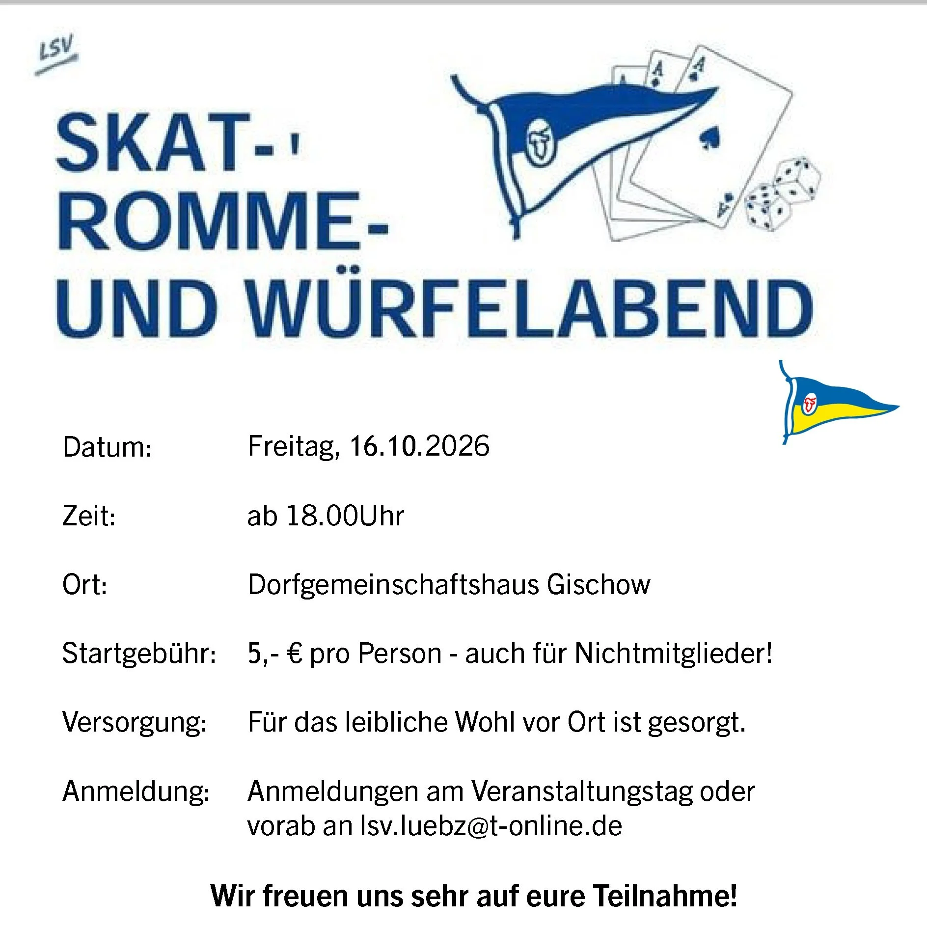 &spades;️&hearts;️SKAT-, ROMM&Eacute;-, W&Uuml;RFELABEND!&clubs;️&diams;️

Liebe Freunde der Gesellschaftsspiele, am Freitag, den 16.10.2026 ab 18:00 Uhr ist es wieder soweit.
Wir laden Euch, wie um Fr&uuml;hjahr angek&uuml;ndigt, ein, mit uns einen 