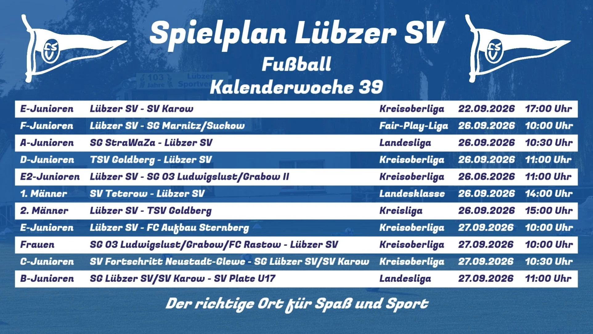 ⚽️ Spielank&uuml;ndigung KW 39 💙💛

F&uuml;r unsere zweite M&auml;nner steht das Derby gegen Goldberg an 🔥. 

Kommt vorbei und unterst&uuml;tzt unsere Mannschaften lautstark! 🙌