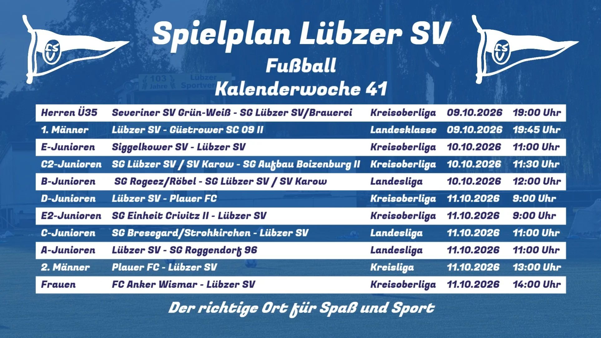 ⚽️ Spielank&uuml;ndigung KW 41 💙💛

Das Spiel der alten Herren heute Abend wurde verschoben.

Kommt vorbei und unterst&uuml;tzt unsere Mannschaften lautstark! 🙌