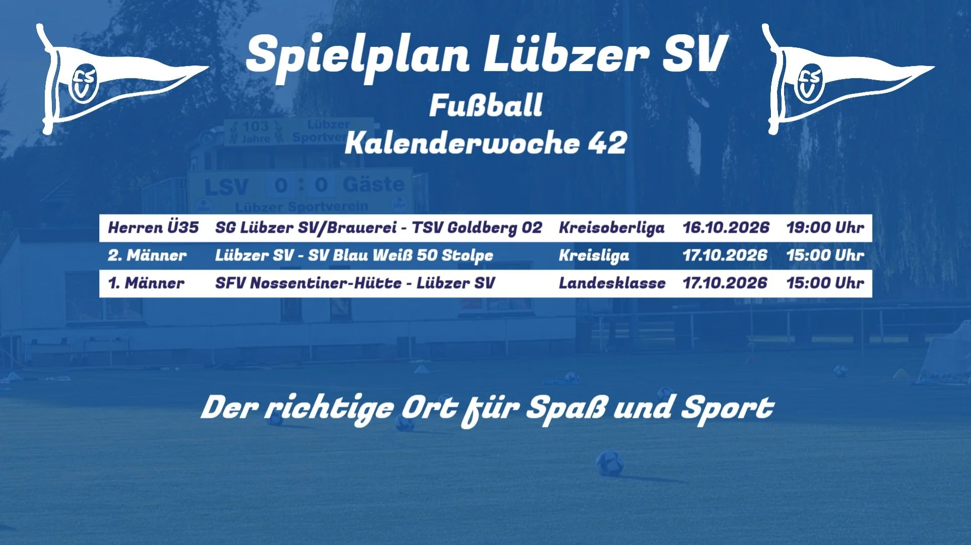 ⚽️ Spielank&uuml;ndigung KW 42 💙💛

Auf Grund der beginnenden Ferien recht &uuml;berschaubar diese Woche.

Kommt vorbei und unterst&uuml;tzt unsere Mannschaften lautstark! 🙌