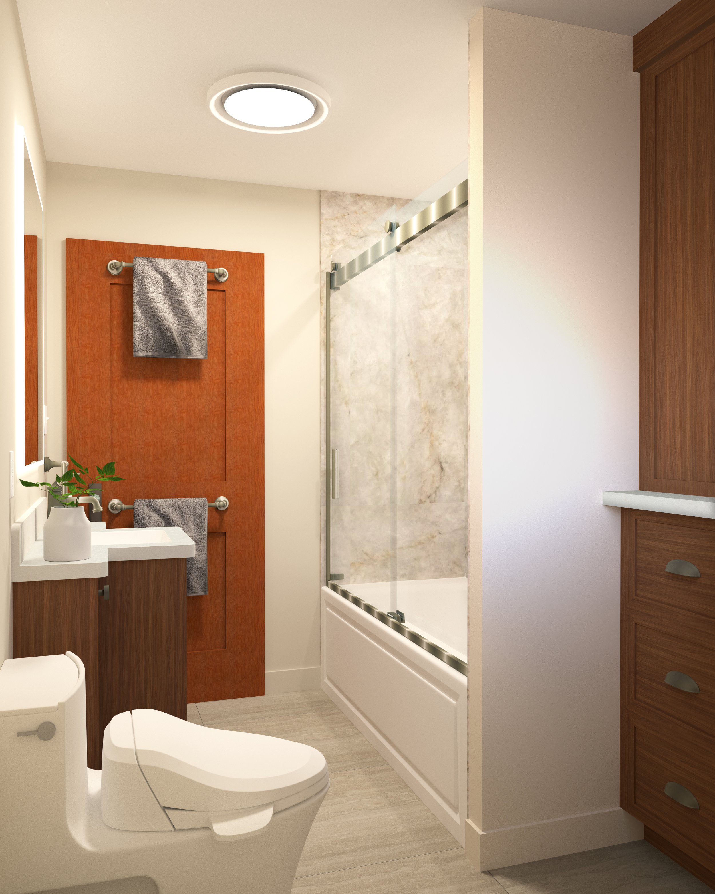 3D rendering of bathroom with warm wood door and millwork