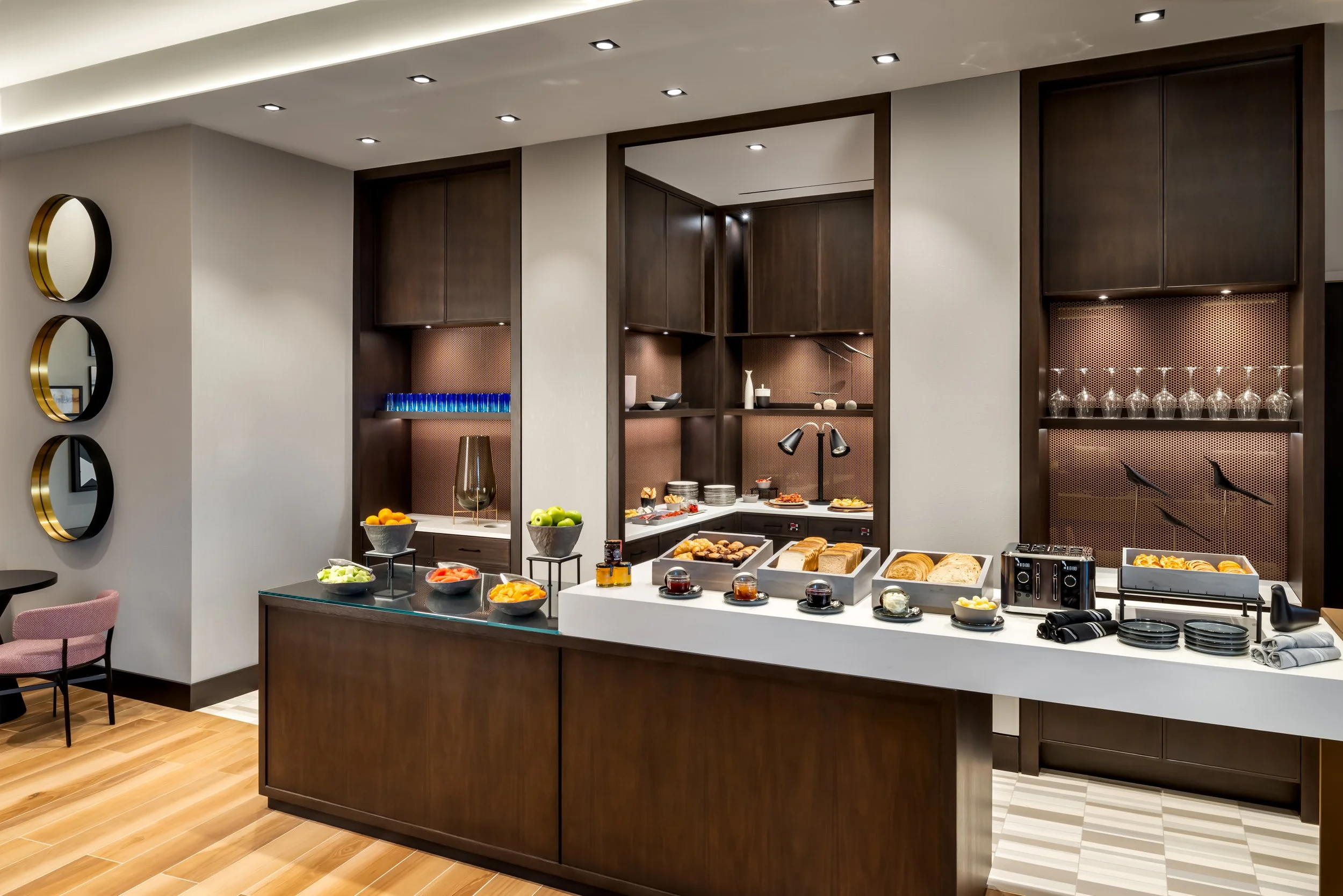 Wood stained buffet food service millwork at club lounge