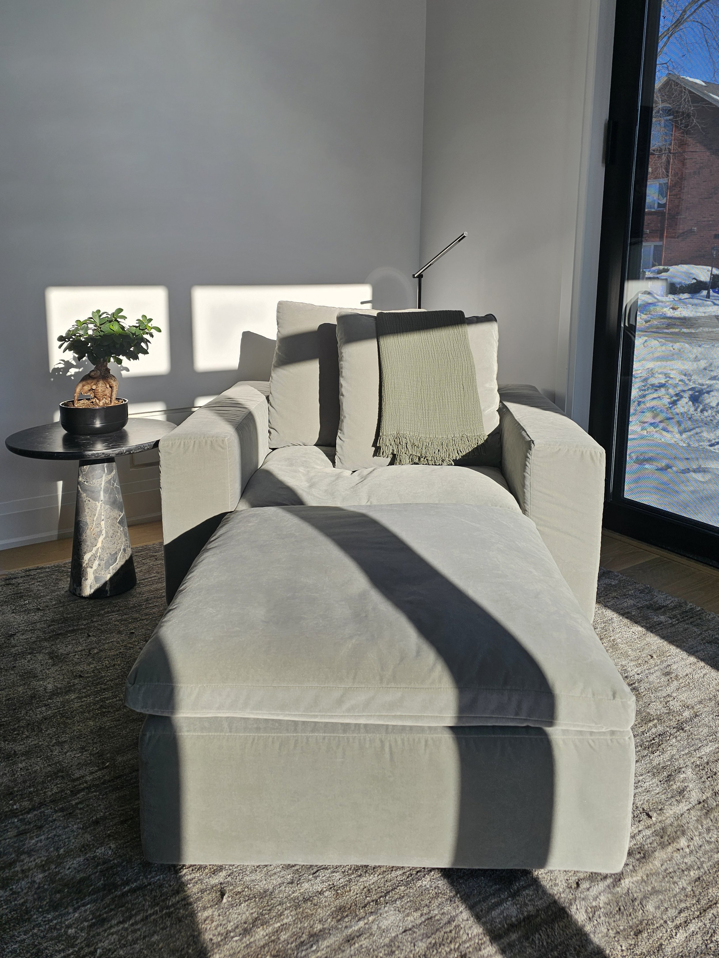 Large arm chair and ottoman sitting in sun