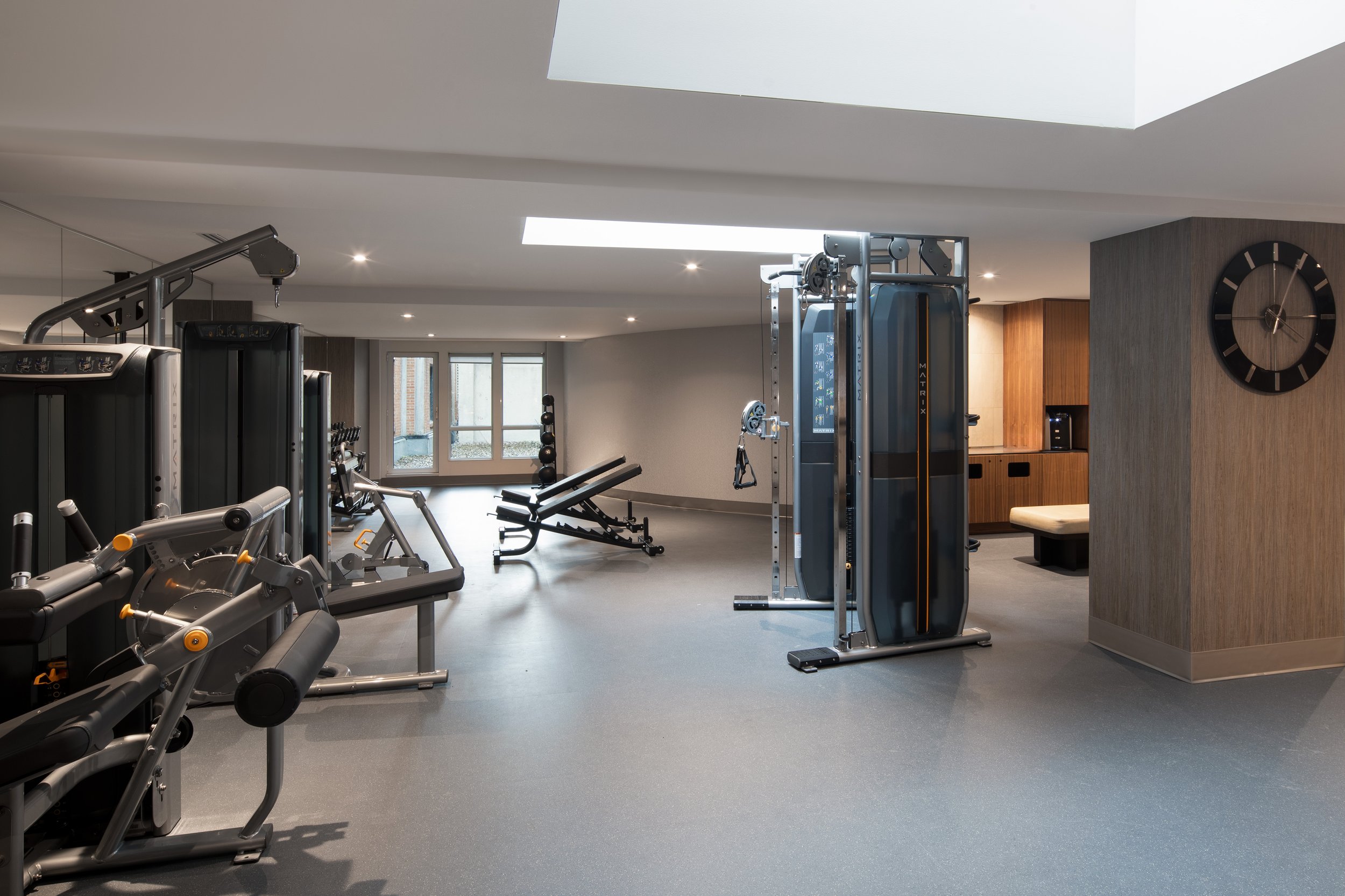 Large fitness space with gym equipment and wood amenity station