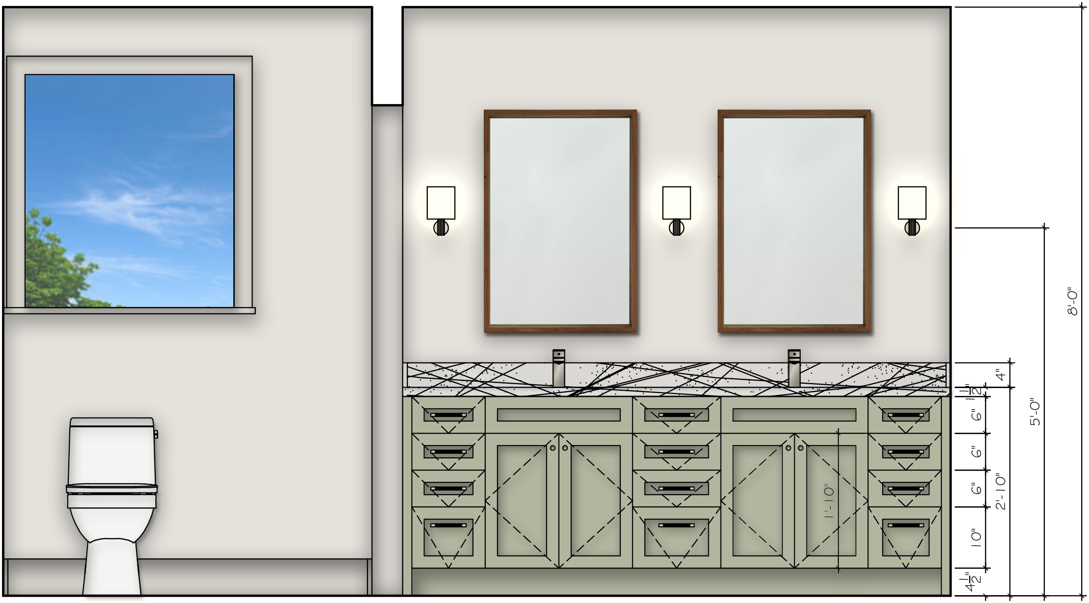 rendering elevation of bathroom with green vanity