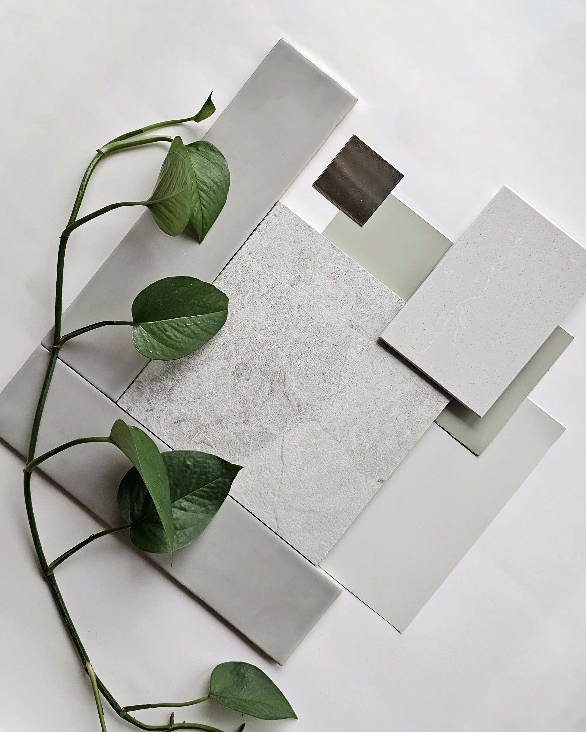Flat lay image of paint, tile, quartz and metal with plant