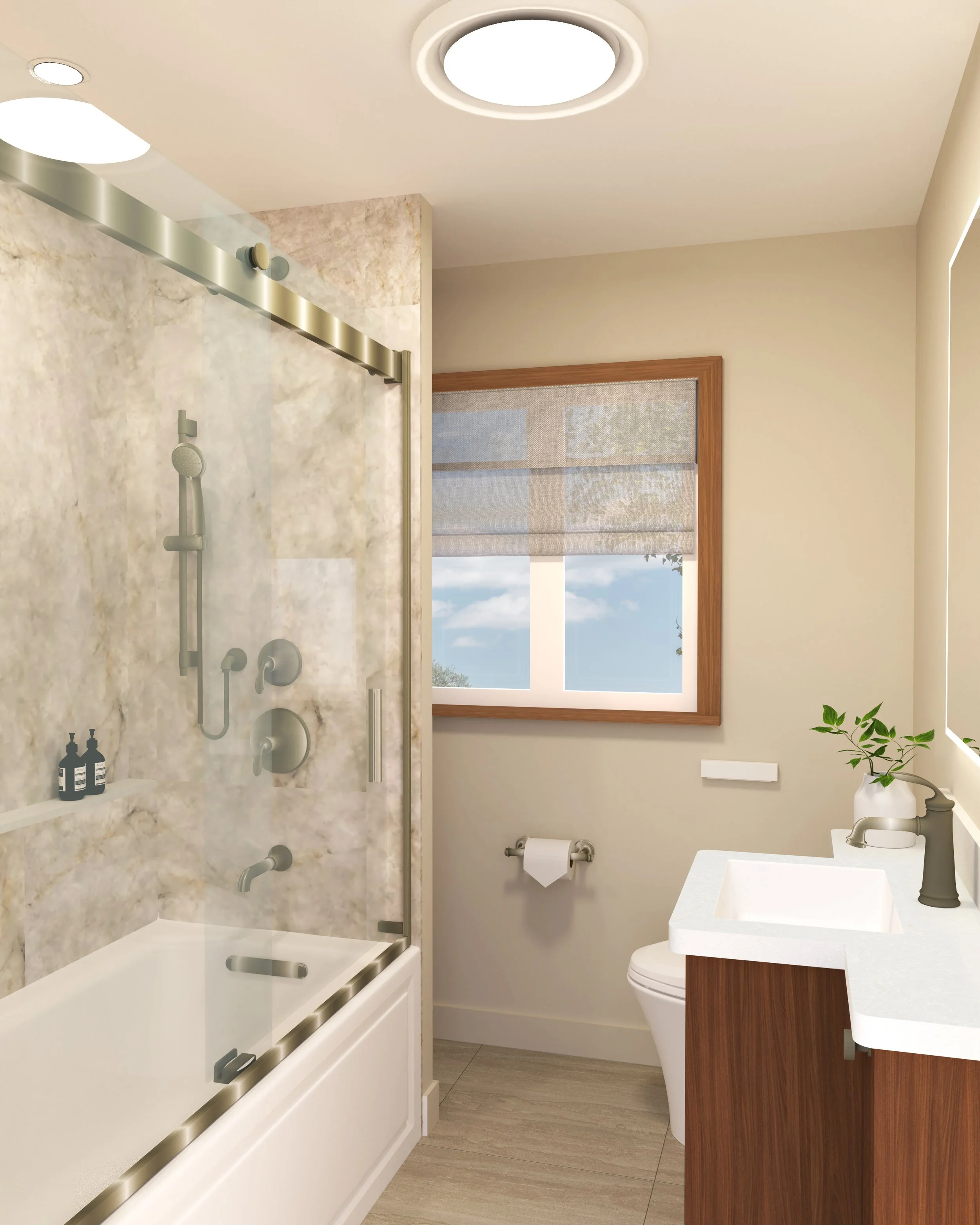 3D bathroom rendering with glazed door, tub and warm wood