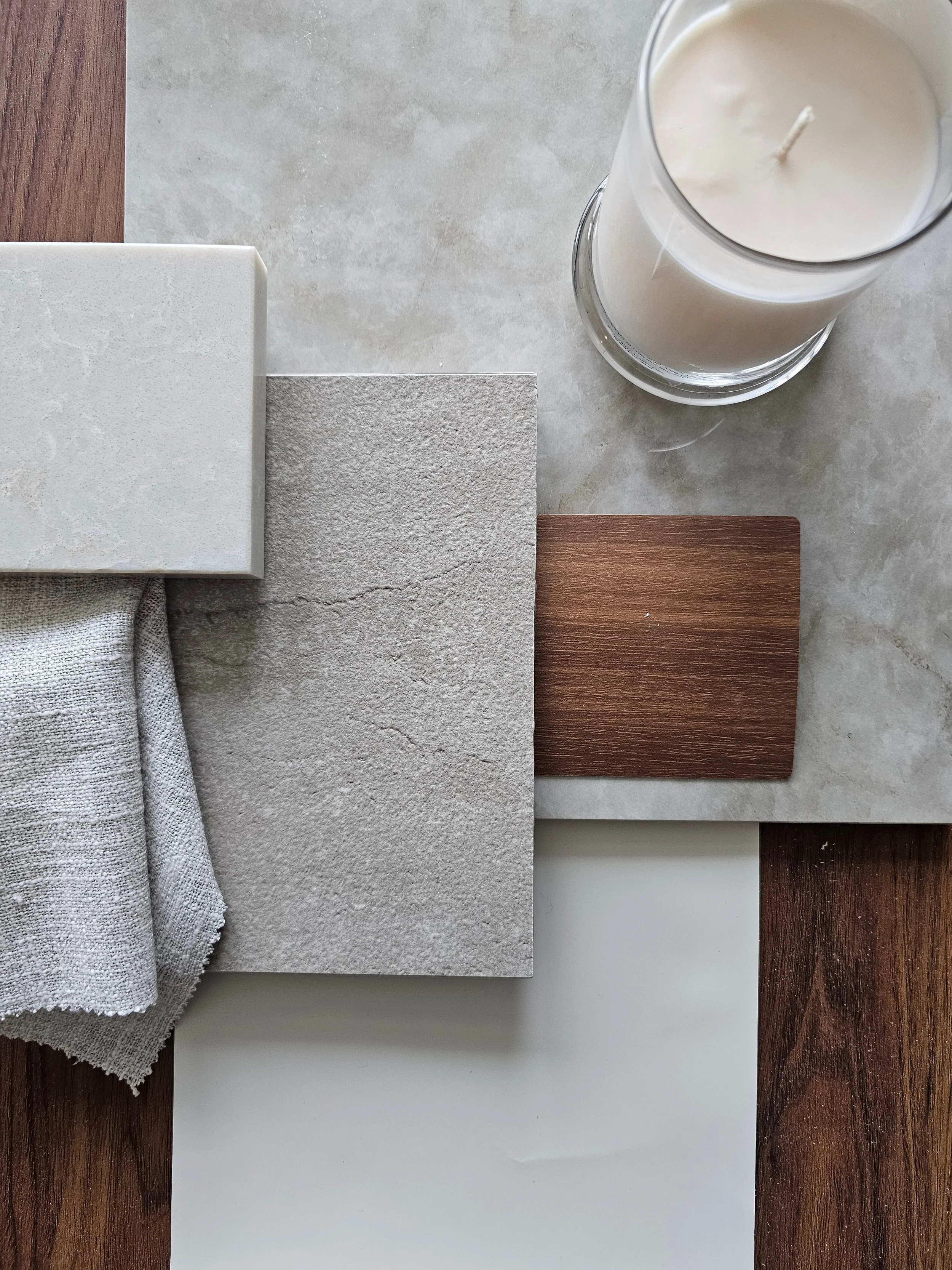 flat lay  material palette with taupe, grey and wood