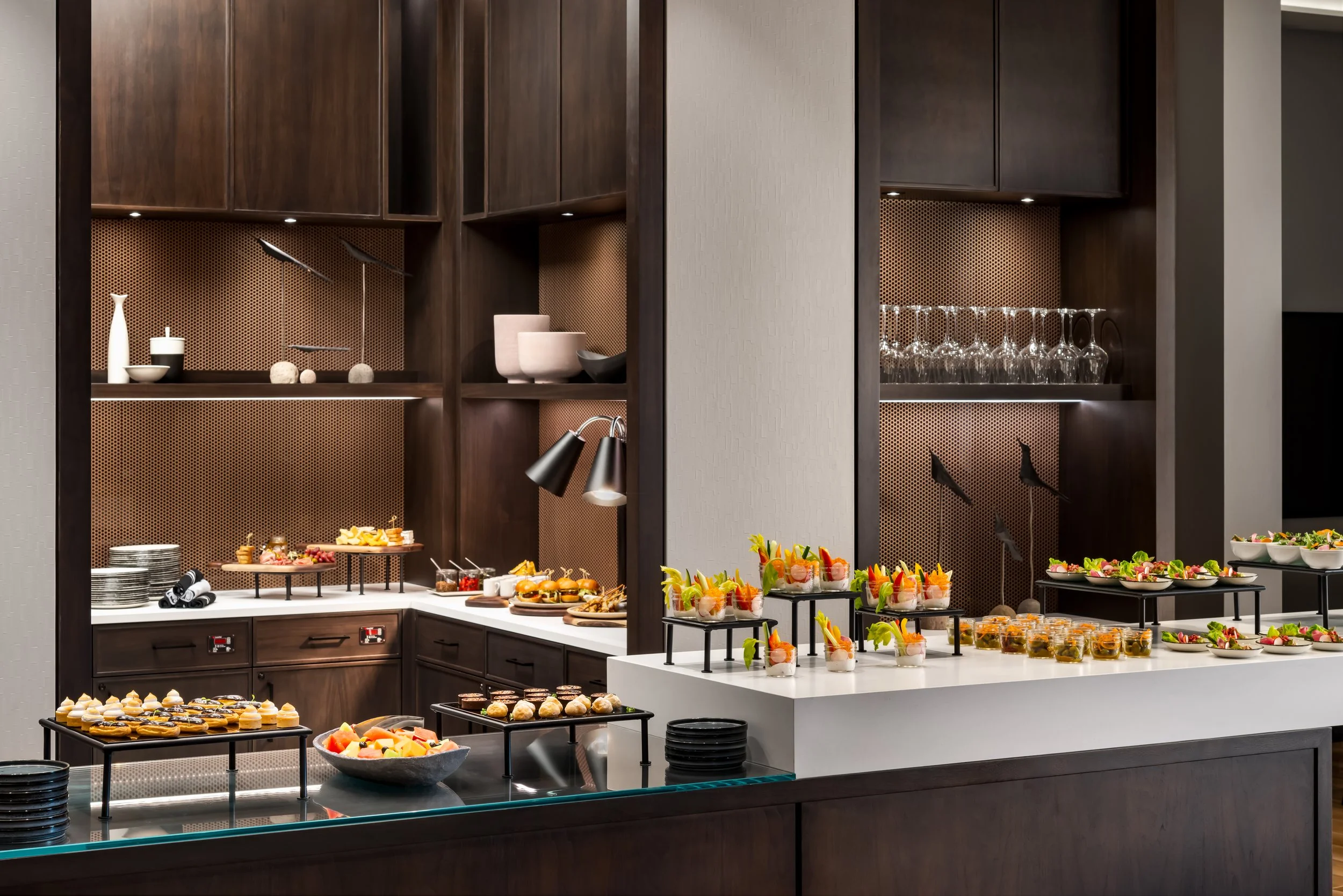 Wood stained buffet food service millwork at club lounge