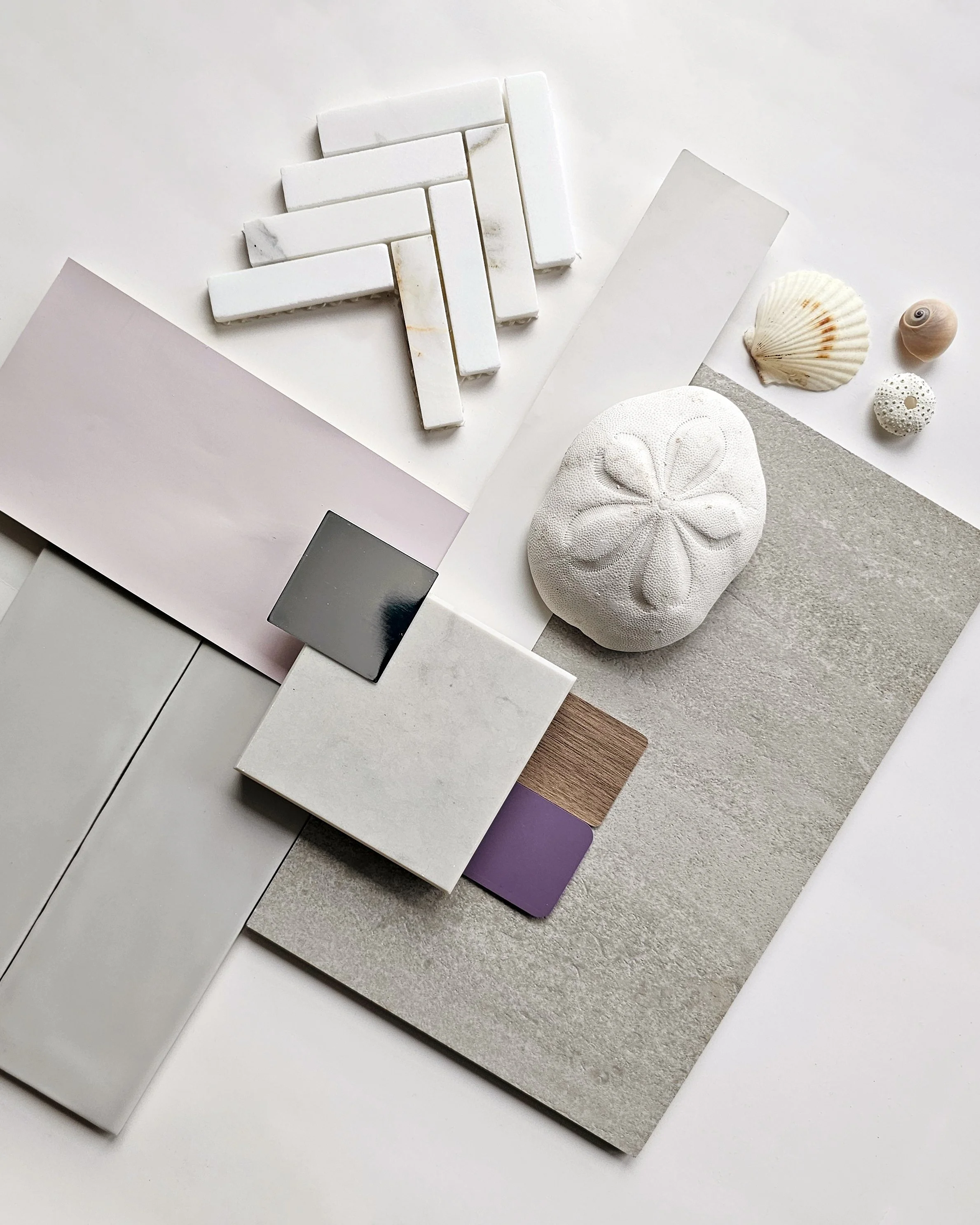material palette with taupe, grey and purple