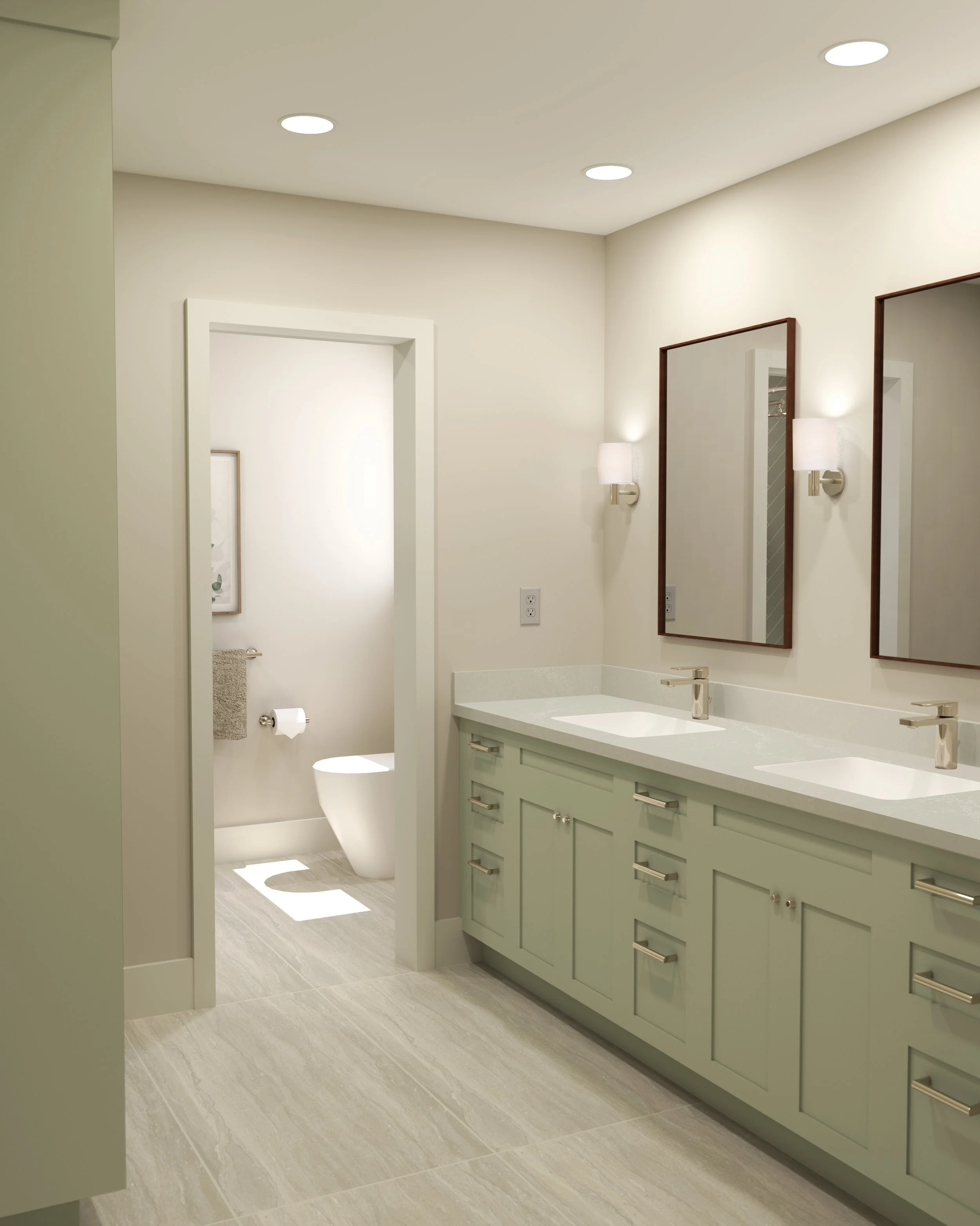 3D rendering of bathroom facing double vanity with mirrors and sconces