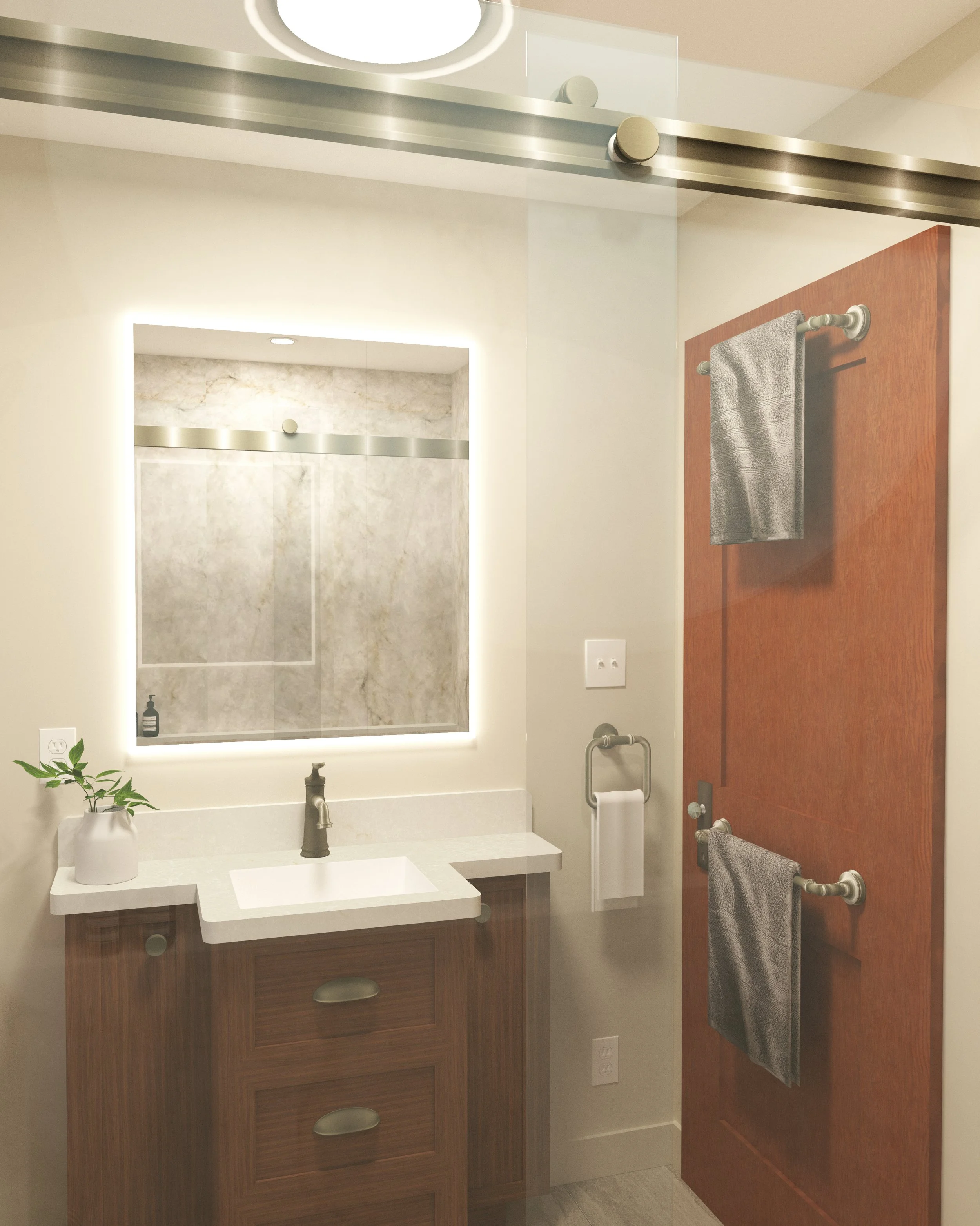 3D bathroom rendering facing vanity and mirror from inside shower