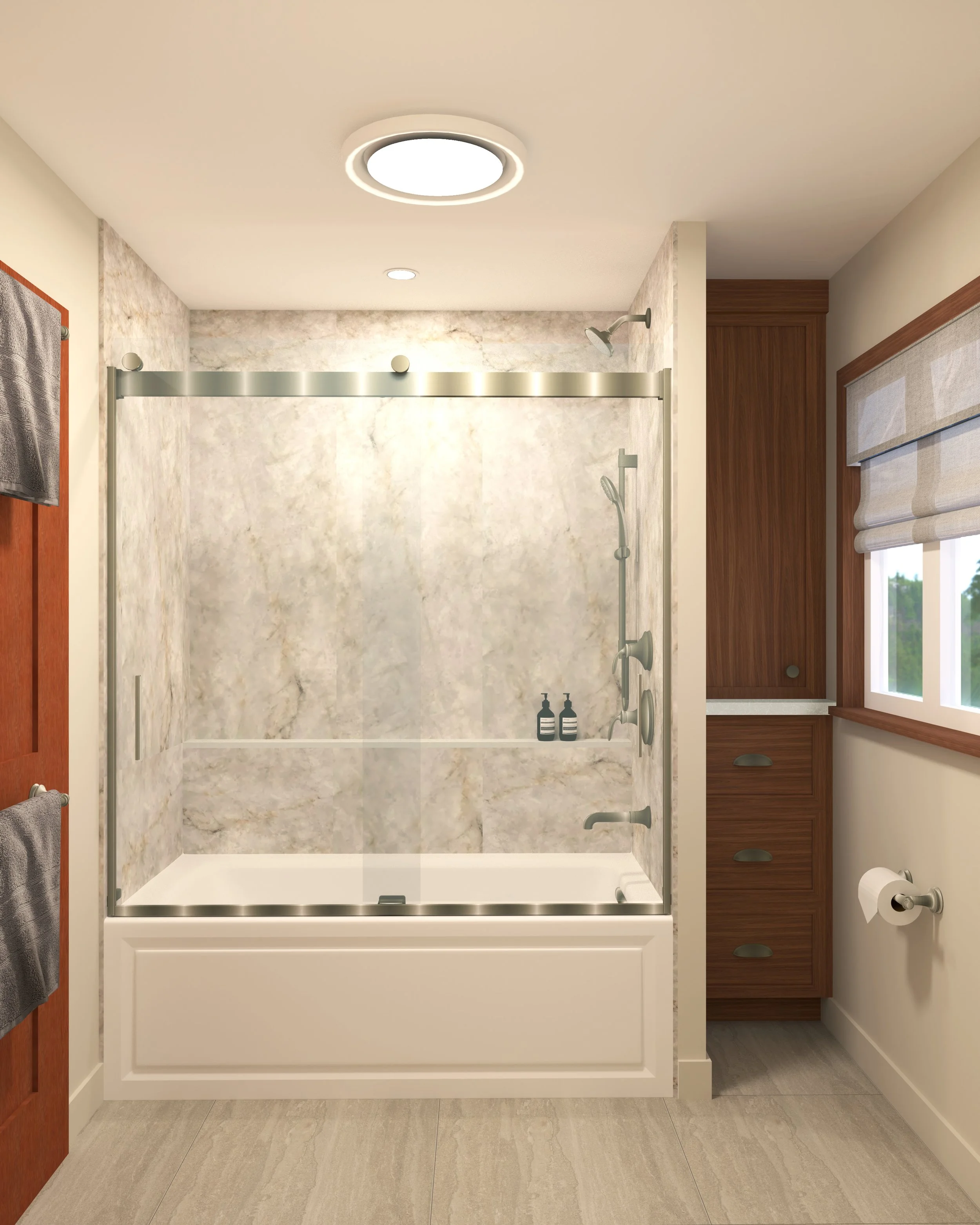 3D rendering of bathroom with warm wood millwork and stone shower surround