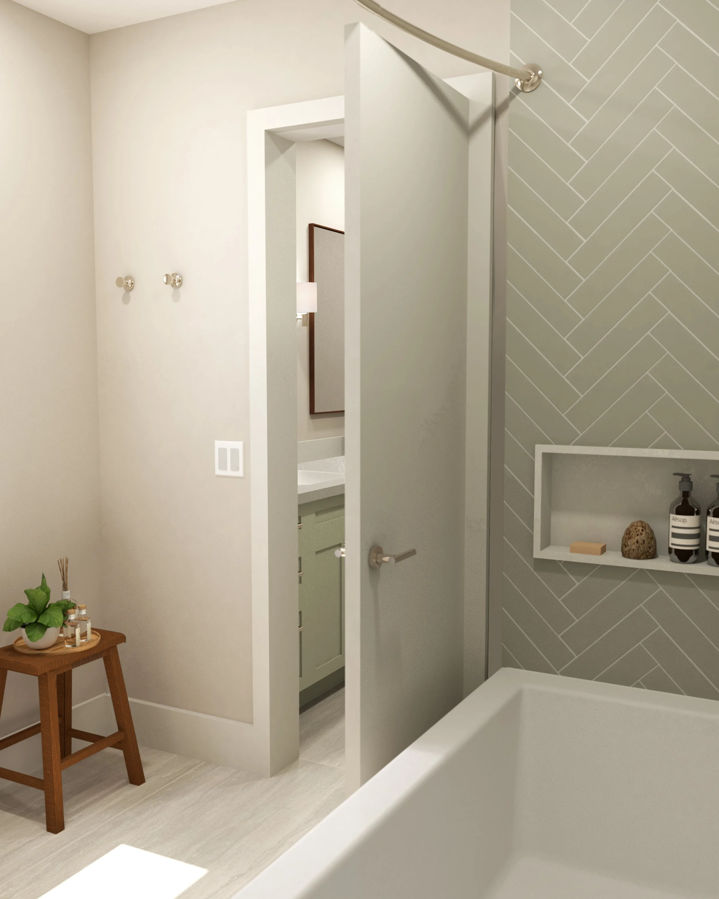 3D rendering of bathroom shower area with herringbone patterned tile and quartz niche