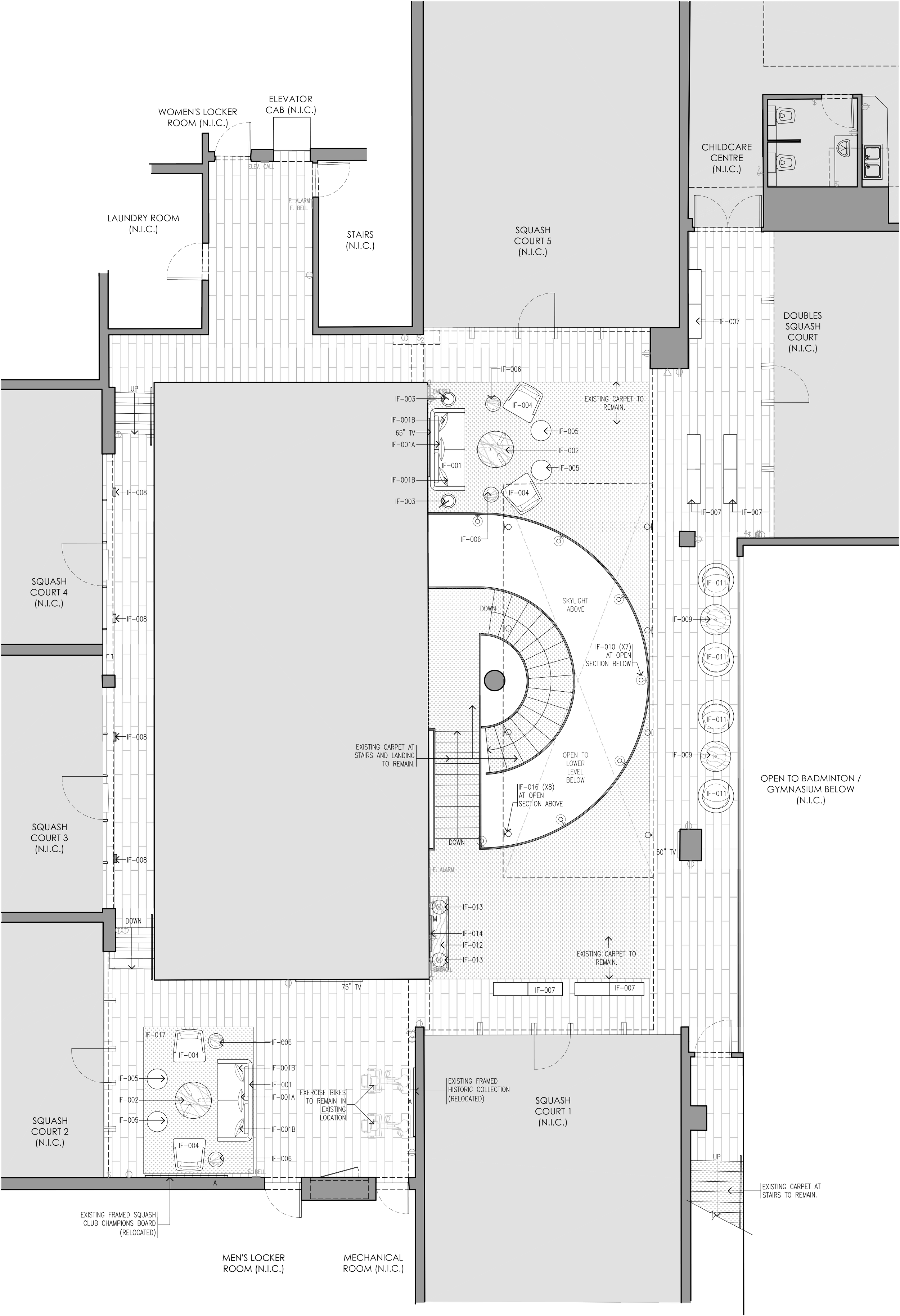 Floor plan of mezzanine lounge space between squash courts
