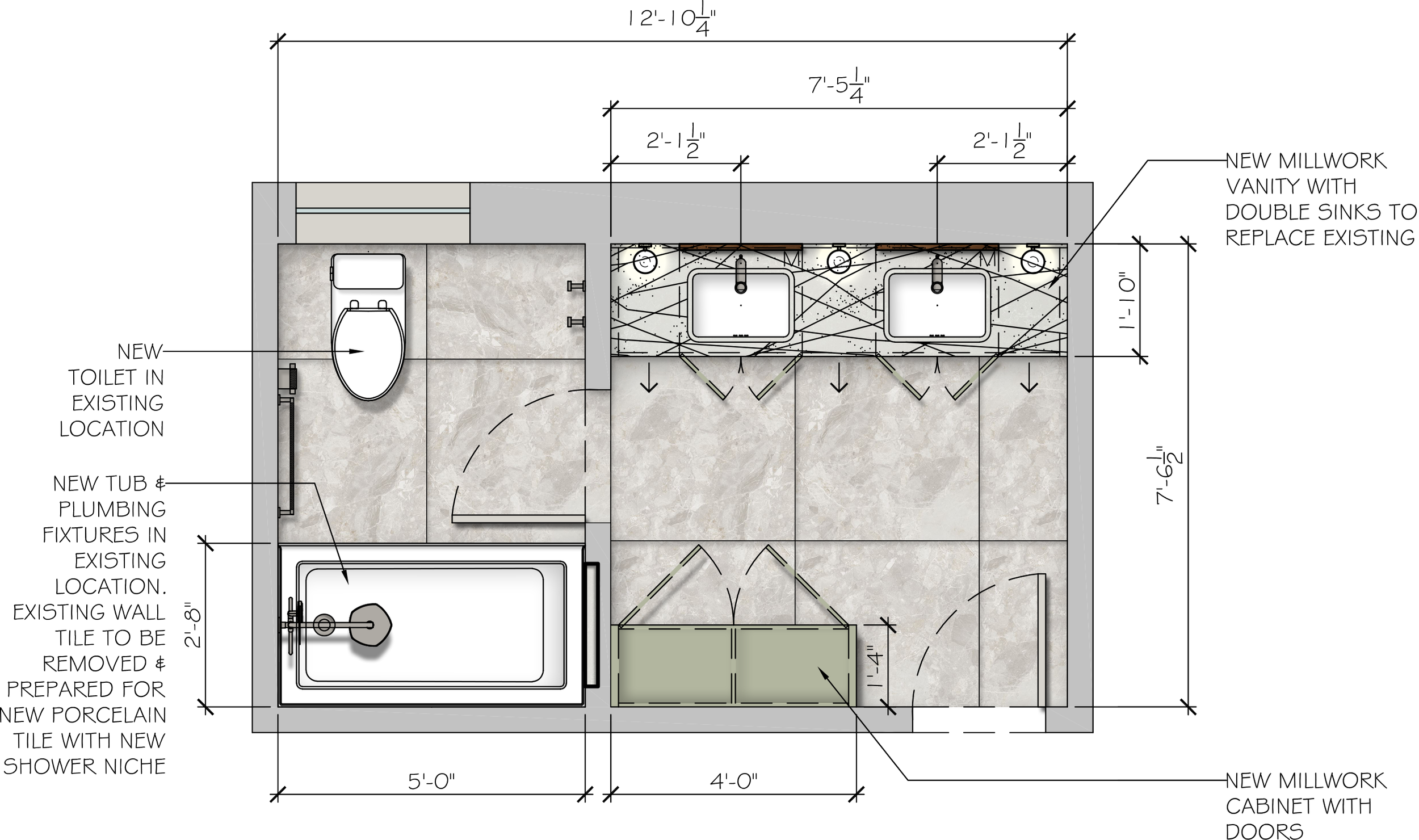 rendered plan of bathroom with bathtub and double vanity