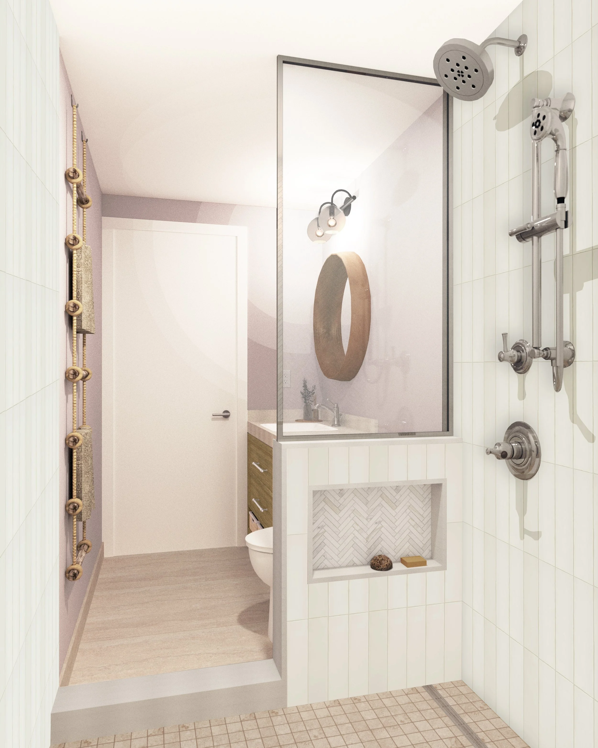 3D rendering of bathroom from inside shower facing entry door and vanity