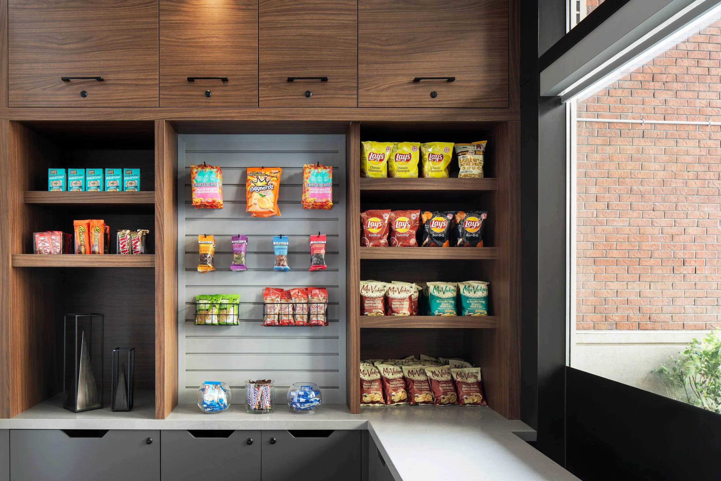 Wood, painted and quartz retail display