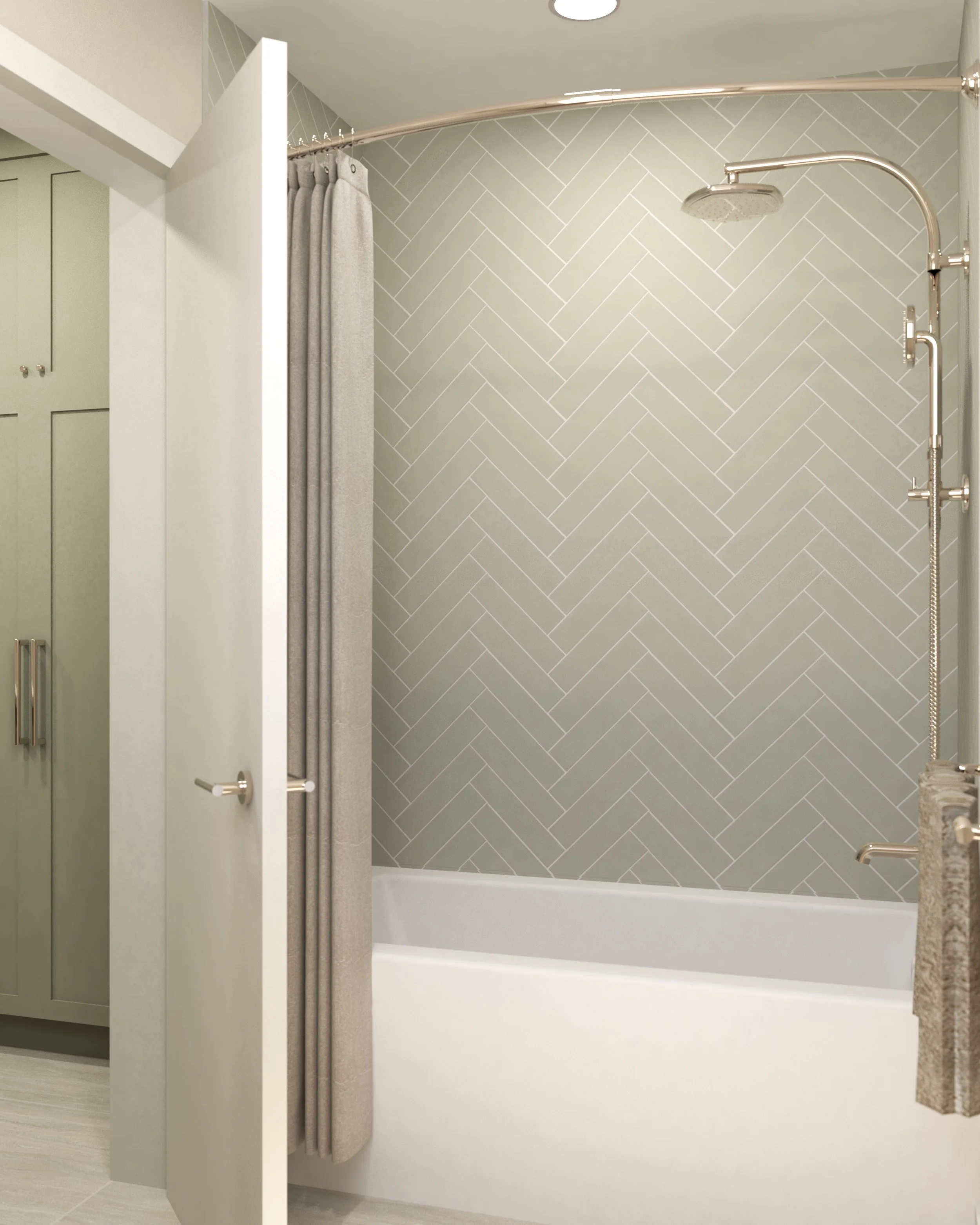 3D rendering of bathroom shower area with herringbone patterned tile