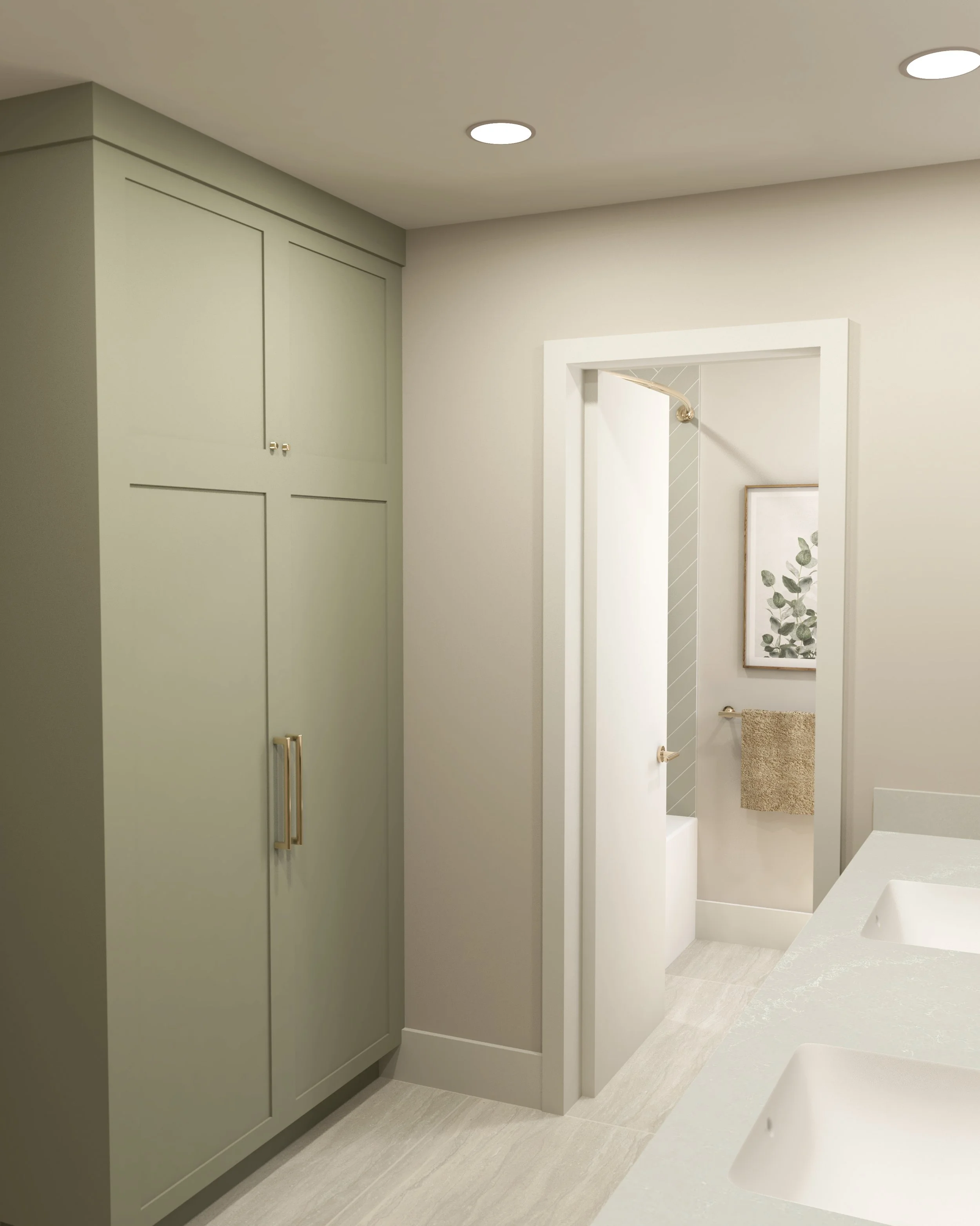 3D rendering of bathroom facing green linen cabinet millwork with door open to shower area beyond