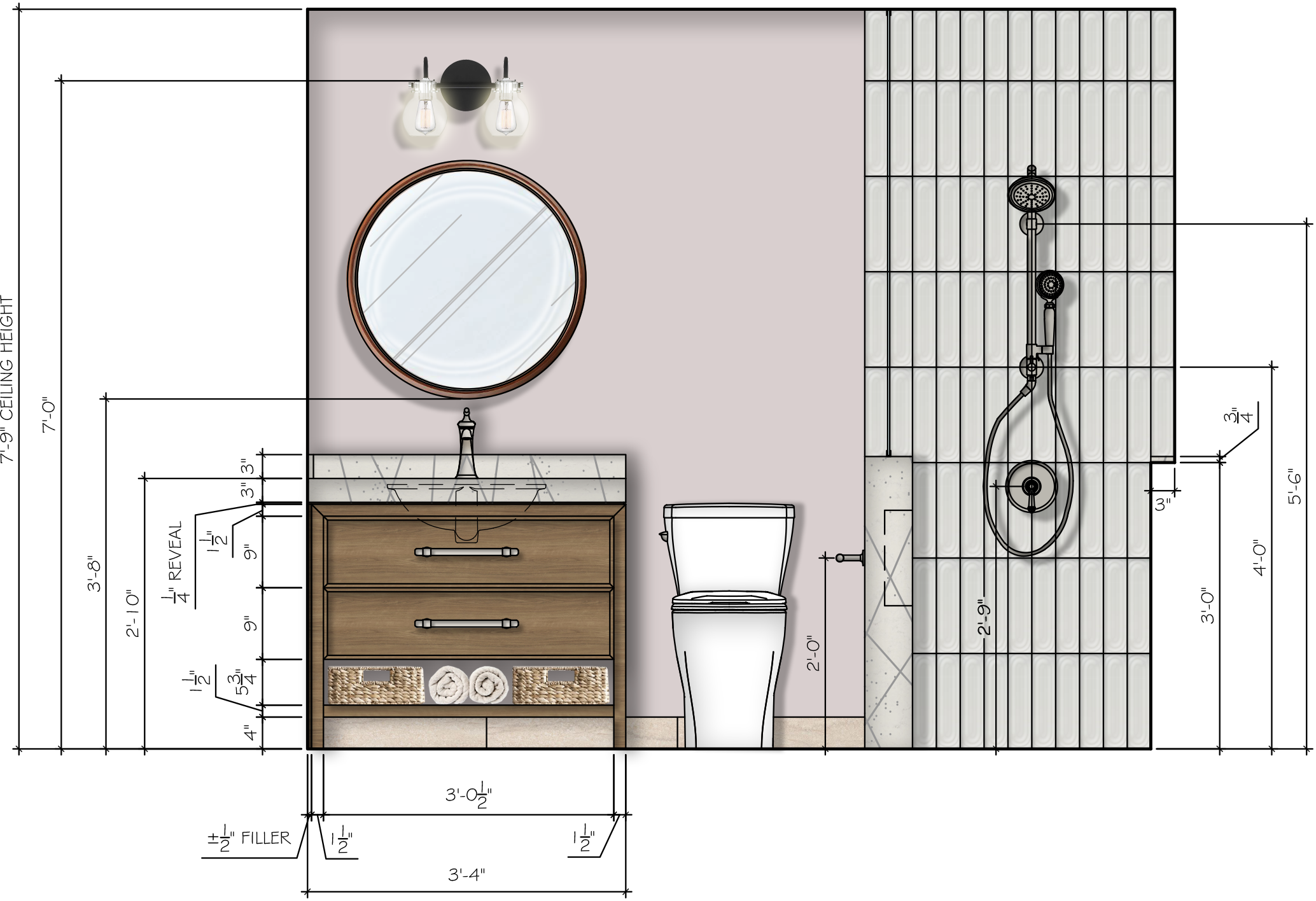 rendered bathroom elevation with wood vanity