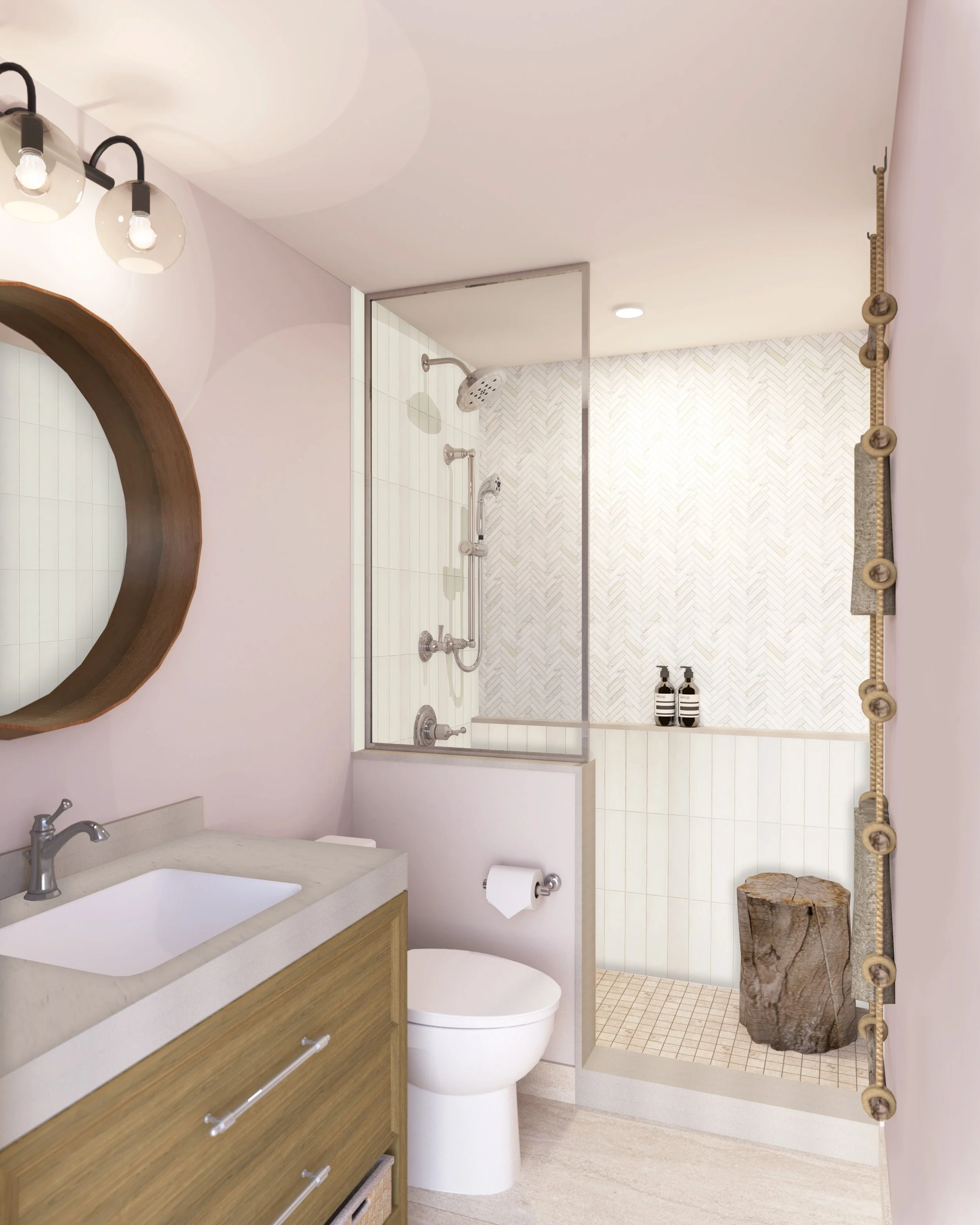3D rendering of bathroom facing shower with wood vanity