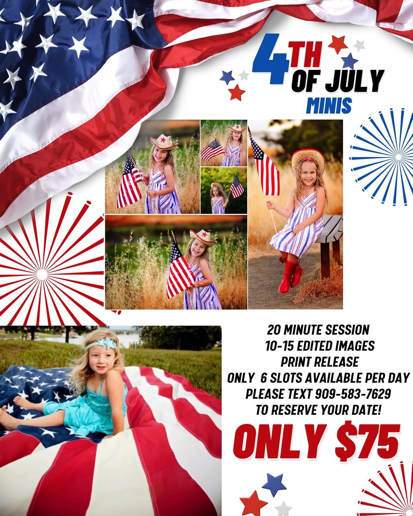 Now booking for the 4th of July mini sessions! We Will have an amazing 4th of July, America inspired set up to be able to capture what will be your new favorite photos. Please text 909-583-7629 so book your photo session.