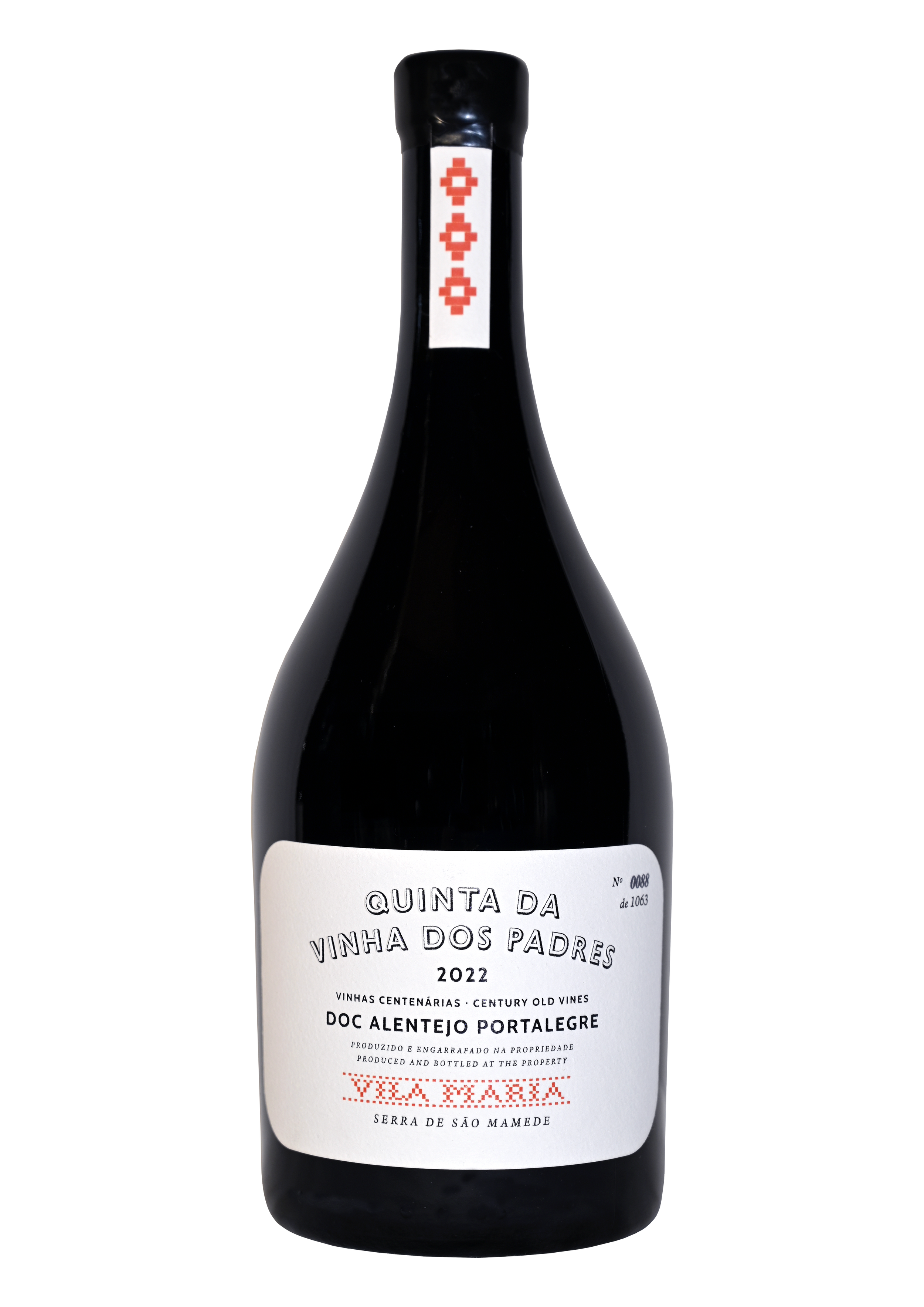 A bottle of Quinta da Vinha dos Padres 2022 Red wine, DOC Alentejo Portalegre Serra de Sao Mamede wine with a white label a white wax capsule and red bricks.