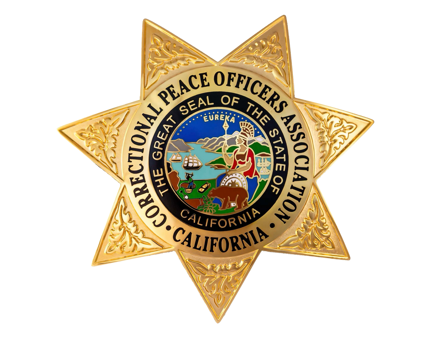 Golden sheriff's badge with a circular center seal featuring a Native American figure, mountains, ocean, ships, and wildlife, surrounded by the text 'California Peace Officers Association' and 'Great Seal of the State of California'.