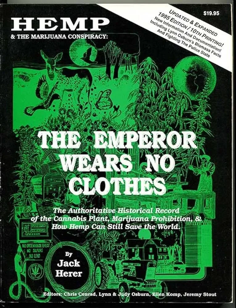 Book cover titled 'Hemp & The Marijuana Conspiracy: The Emperor Wears No Clothes' by Jack Herer. The cover features green illustrations of cannabis plants, a snake, a butterfly, a globe, a person with a hat, and various symbols related to cannabis and hemp.