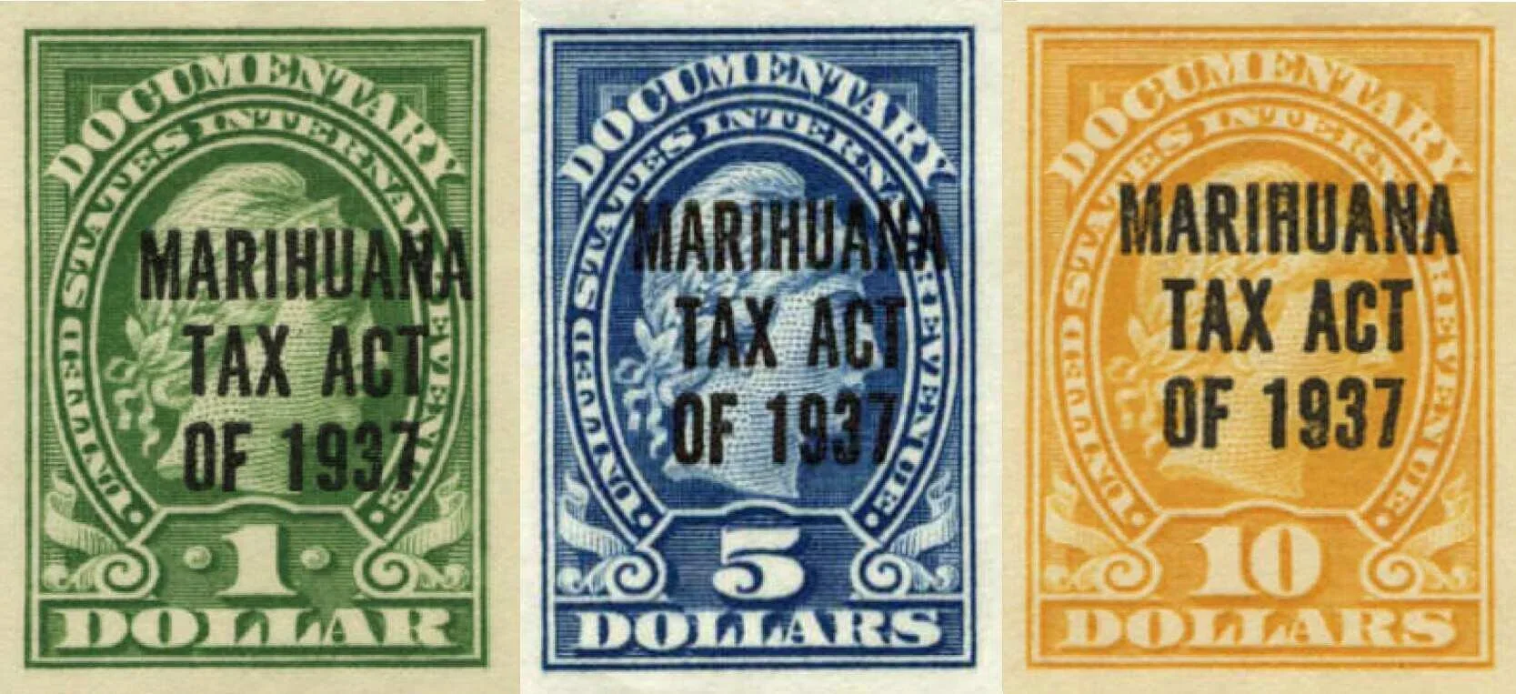 Three vintage currency notes from 1937, each with the words "Marijuana Tax Act of 1937" across the center, in green, blue, and orange colors, with denominations of 1, 5, and 10 dollars respectively.