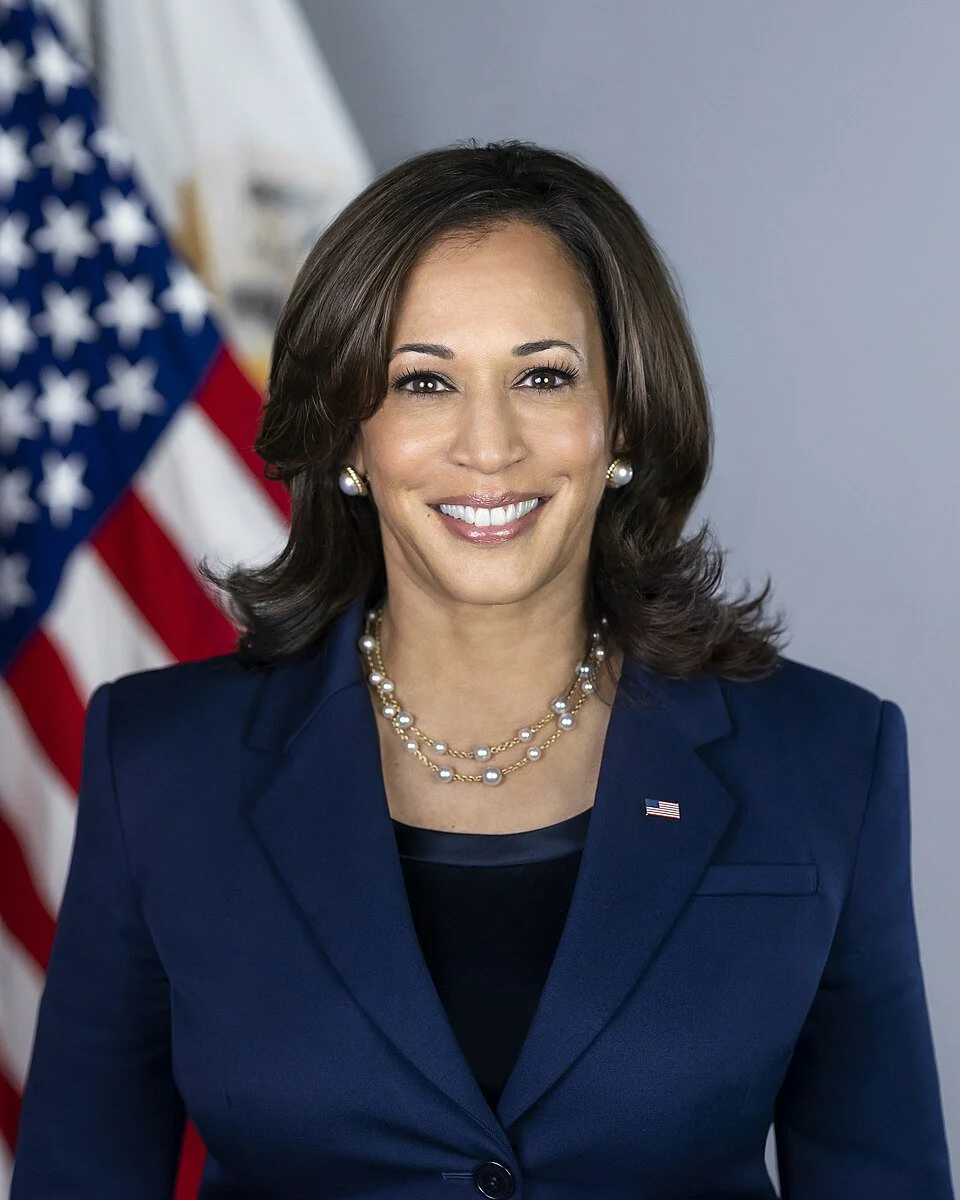 A professional woman with dark brown hair, wearing a navy blazer and pearl jewelry, smiling in front of an American flag.