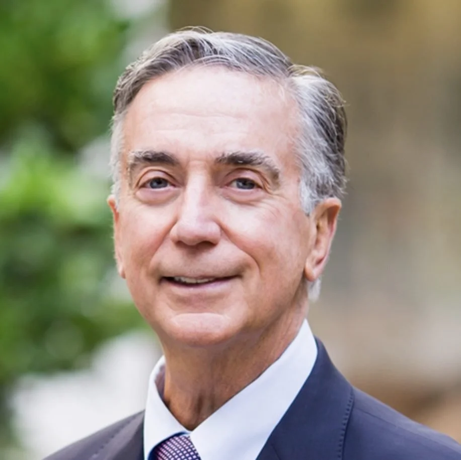 A middle-aged man with gray hair wearing a dark suit, light blue shirt, and patterned tie, smiling outdoors with blurred greenery in the background.