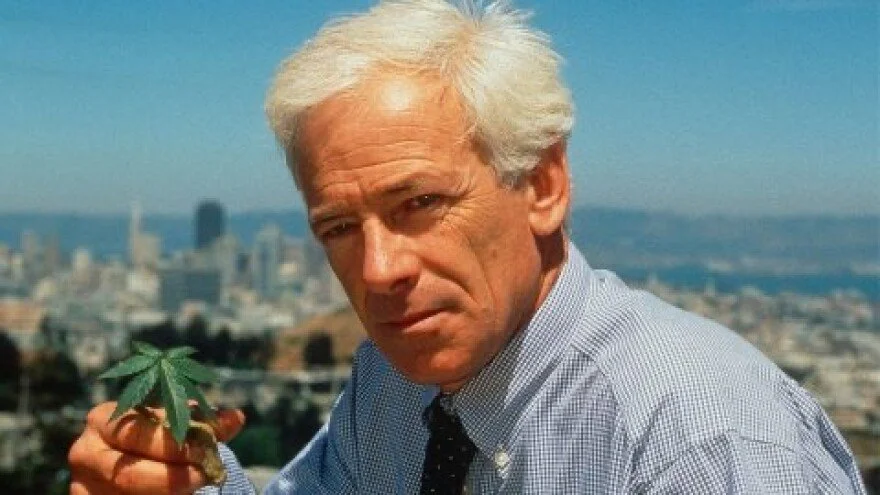 A man with white hair in a blue dress shirt and dark tie holds a cannabis leaf and looks at the camera, with a cityscape in the background.