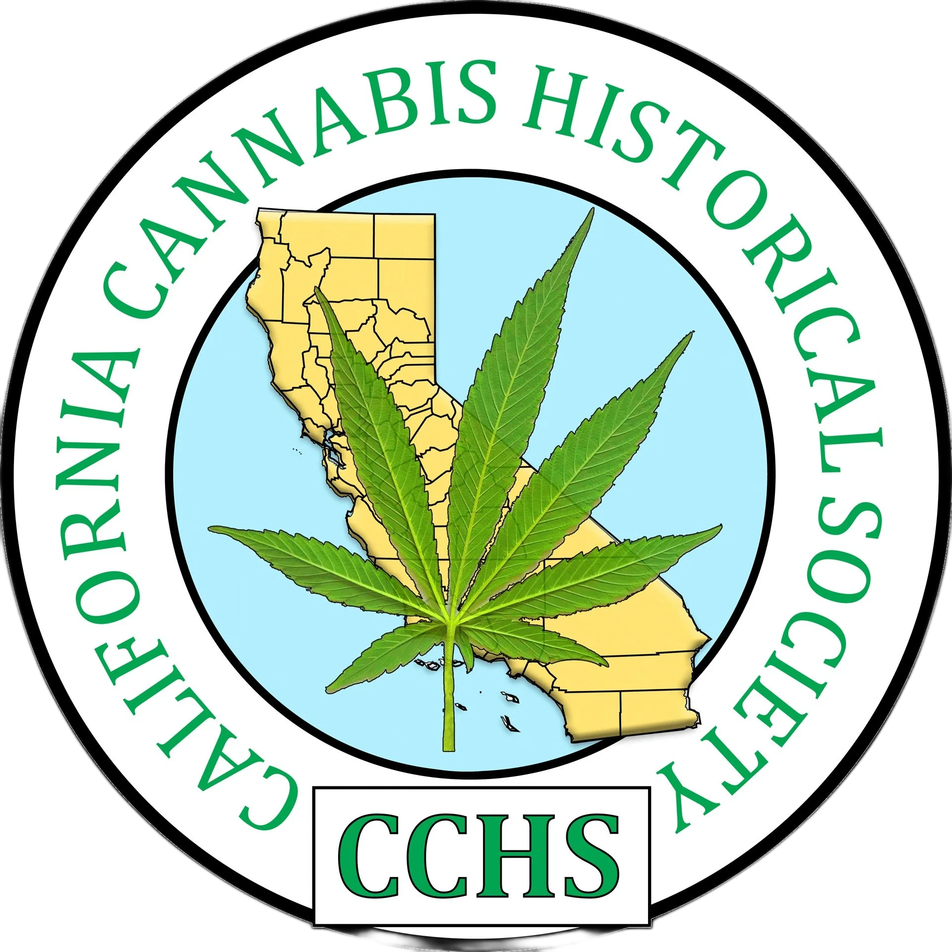 Seal of the California Cannabis Historical Society featuring a map of California, a cannabis leaf, and green text.